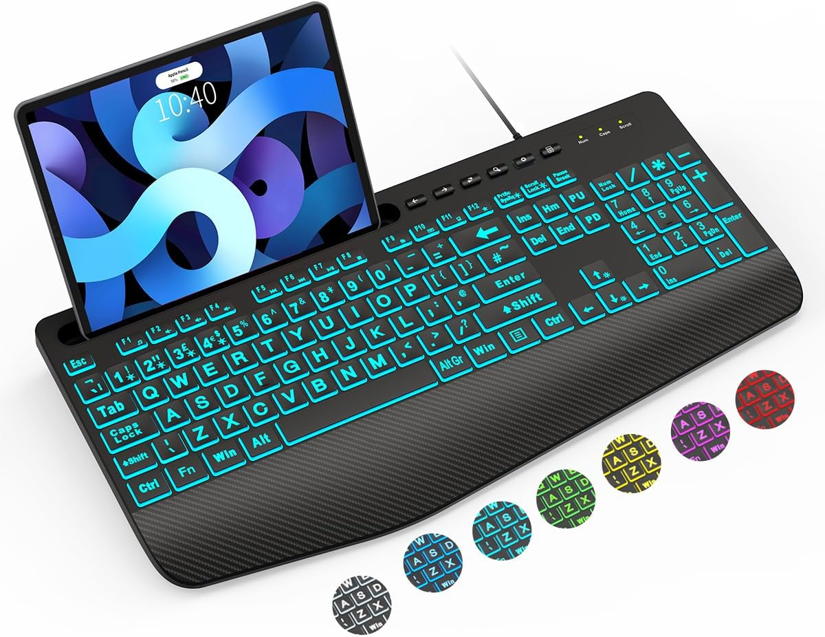 SABLUTE K21 Pro Large Print Backlit Keyboard, Wired USB Computer Keyboards with 7-Colors Backlight, Wrist Rest, Phone Holder, Oversized Letter Keys Easy to See and Type for Laptop, PC, Windows, Black