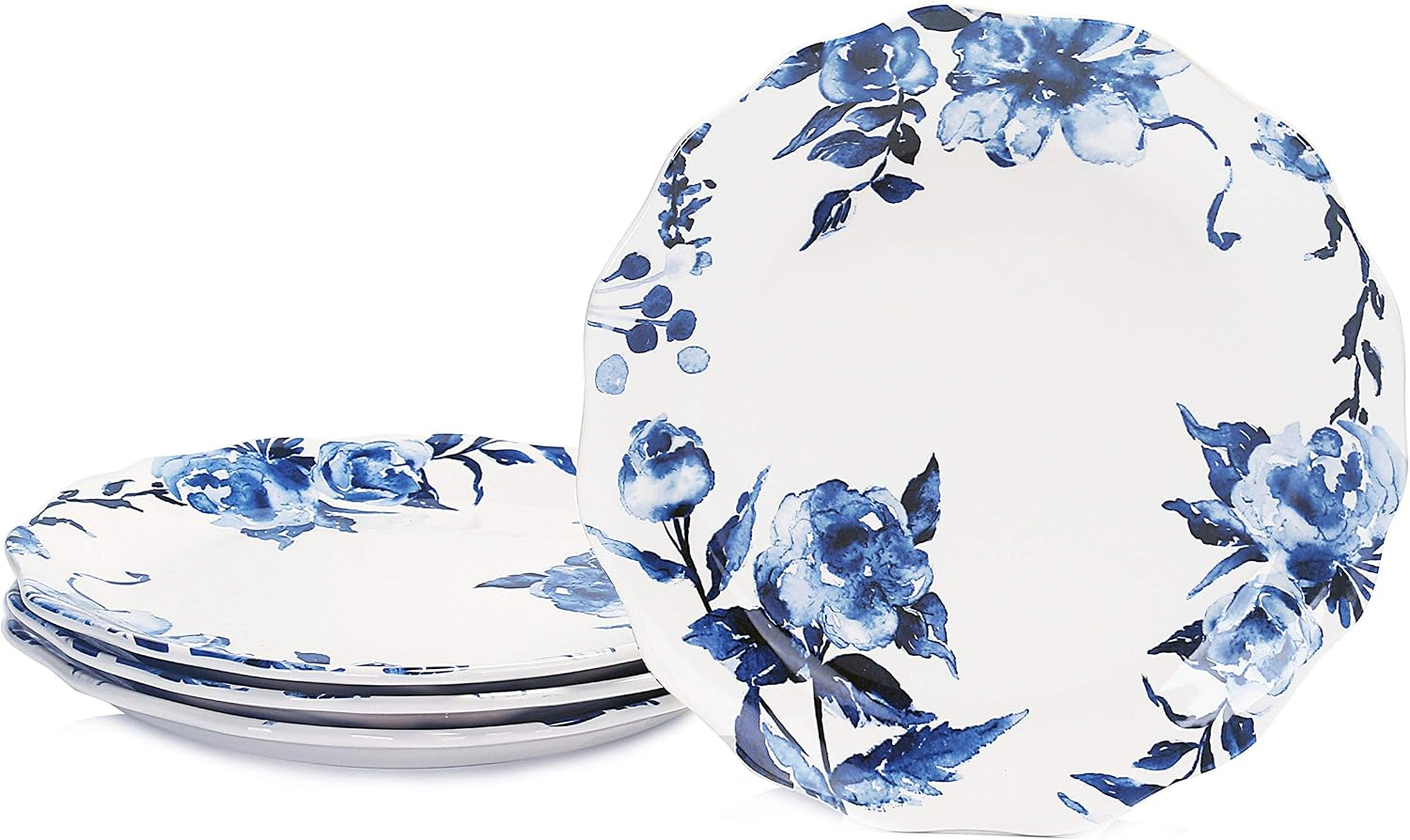 Watercolor Blue Flower Scalloped Dinner Plates, Ceramic, 11 Inch, Set of 4, for Pasta, Salad, Maincourse, Microwave & Dishwasher Safe