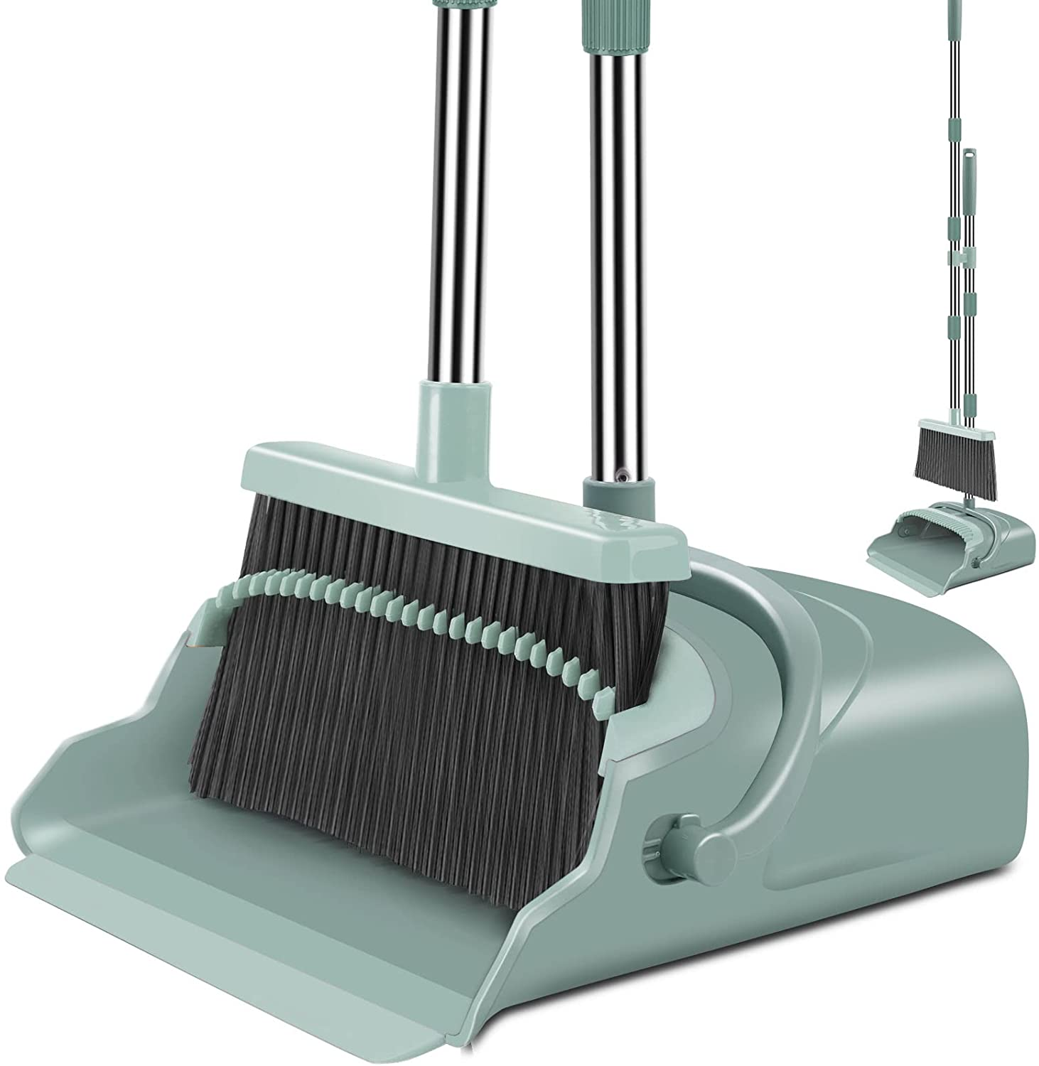 Kelamayi Upgrade Broom and Dustpan Set, Large Size and with Long Handle, Upright,Ideal for Indoor Outdoor Garage Kitchen Room Office Lobby Use (Green)