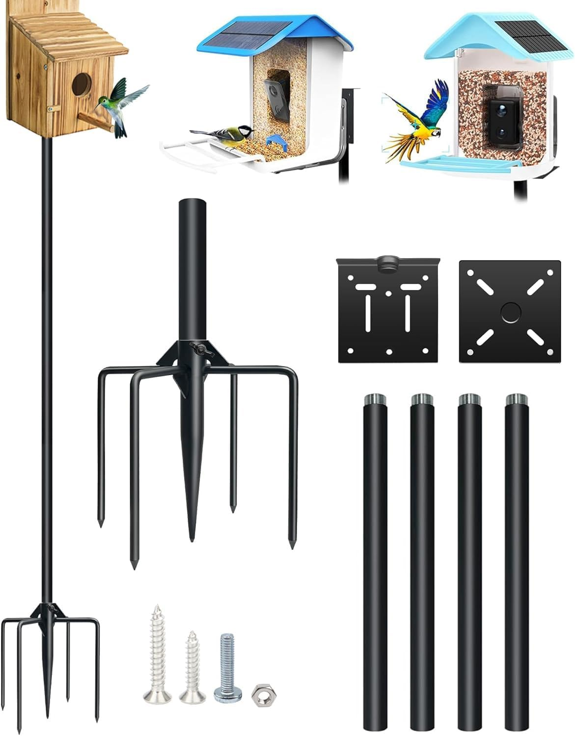 Qwayhome Upgrade 80In Smart Bird Feeder Pole, Outdoor Bluebird House Pole Mount Kit Outdoors Weather Station, Adjustable Heavy Duty Metal Bird Feeder Pole Stand with 5-Prong Base
