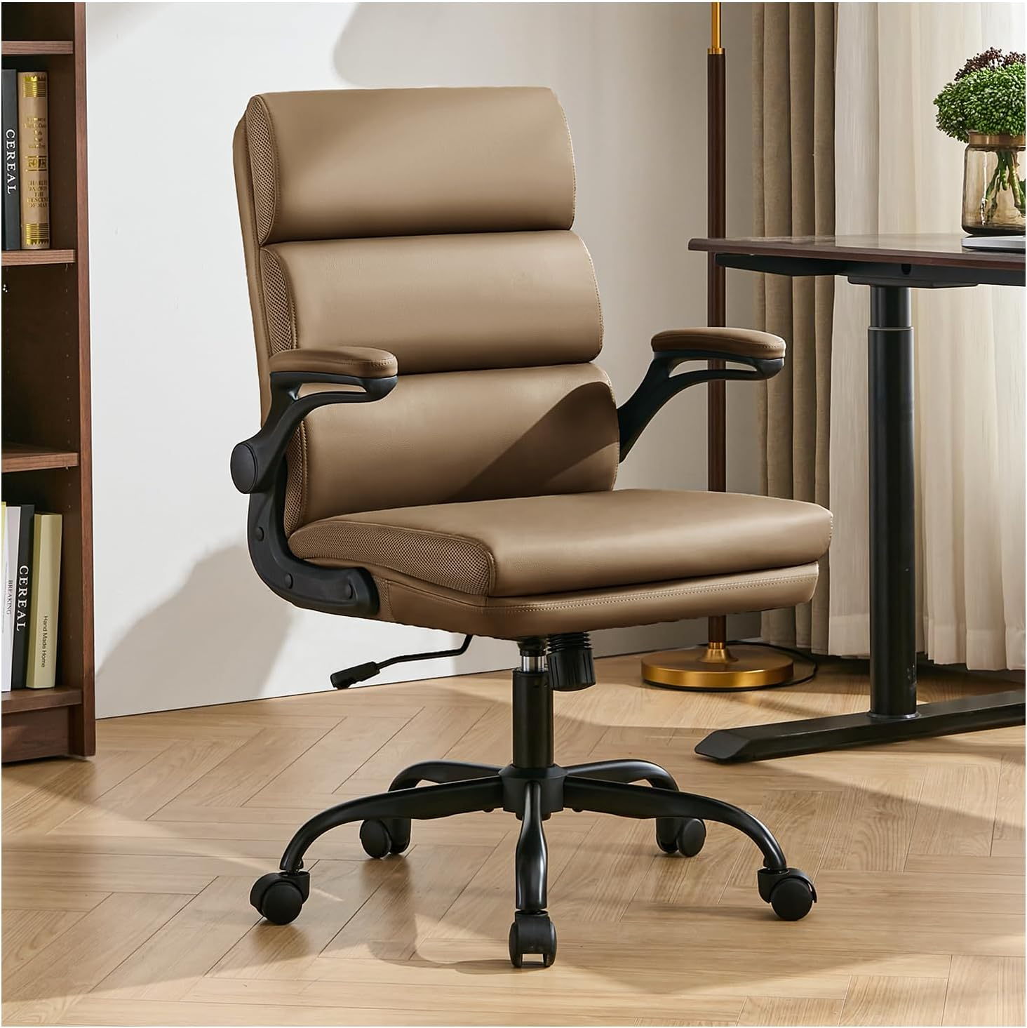 Office Chair Adjustable Desk Chair Mid Back Executive Comfortable Bonded Leather Ergonomic Back Support Home Computer Chairs with Padded Flip-Up Armrest Swivel Wheels (Tan)