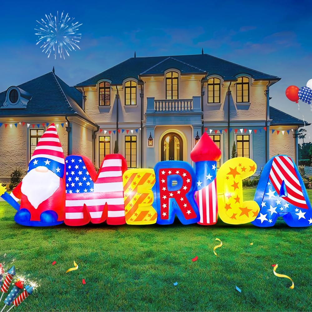 10FT Patriotic Independence Day 4Th of July Inflatables Outdoor Decorations, Inflatable American Creative Fonts, Built in LED Lights Blow up Fourth of July Decor for Holiday Party Garden Yard Lawn