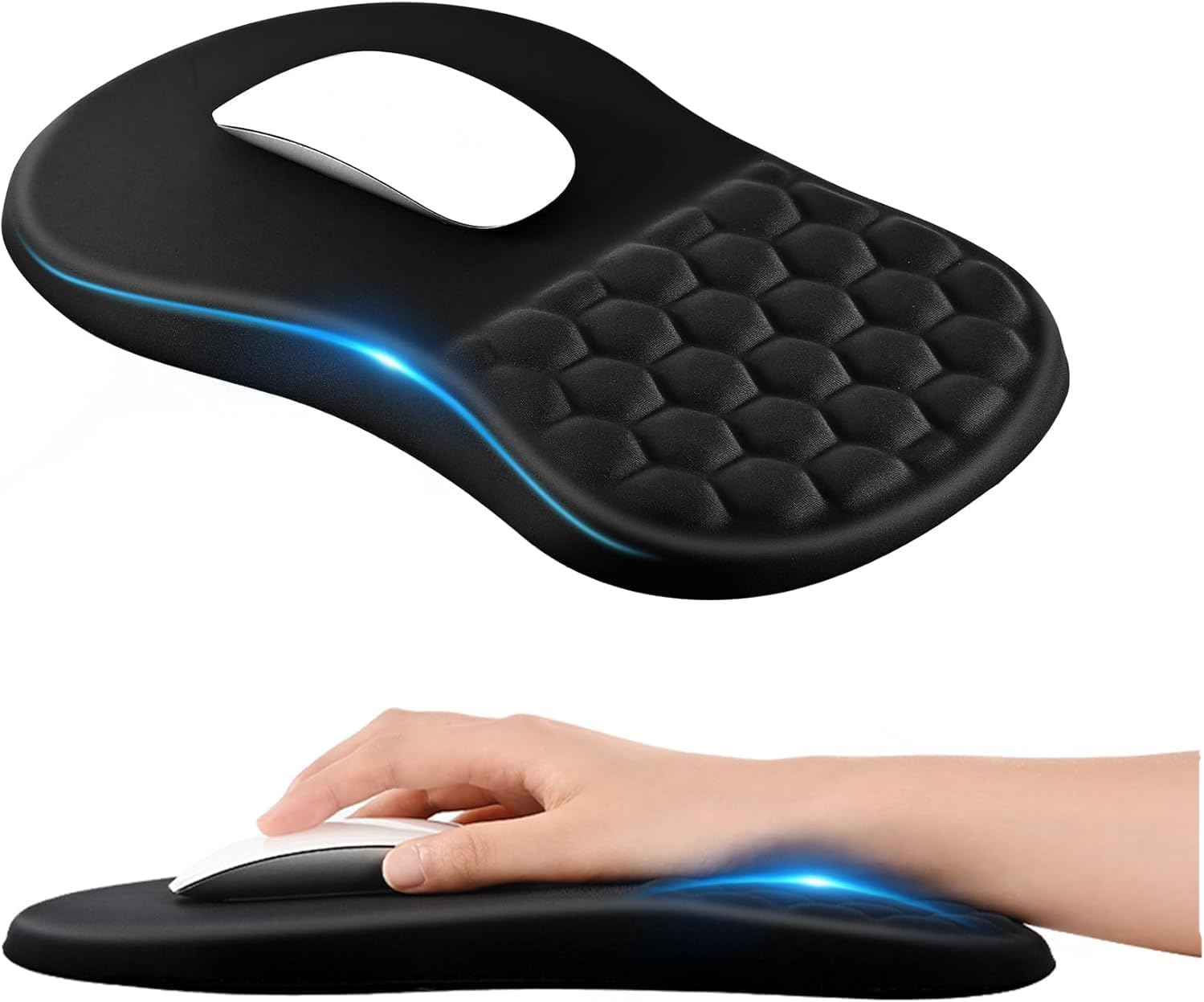 Ergonomic Mouse Pad with Wrist Rest Support, Large Mousepad with Memory Foam Wrist Rest and Non-Slip PU Base, Massage Bulge Design for Pain Relief, Computer, Wireless Mouse, Desk(12x8x1 inch), Black