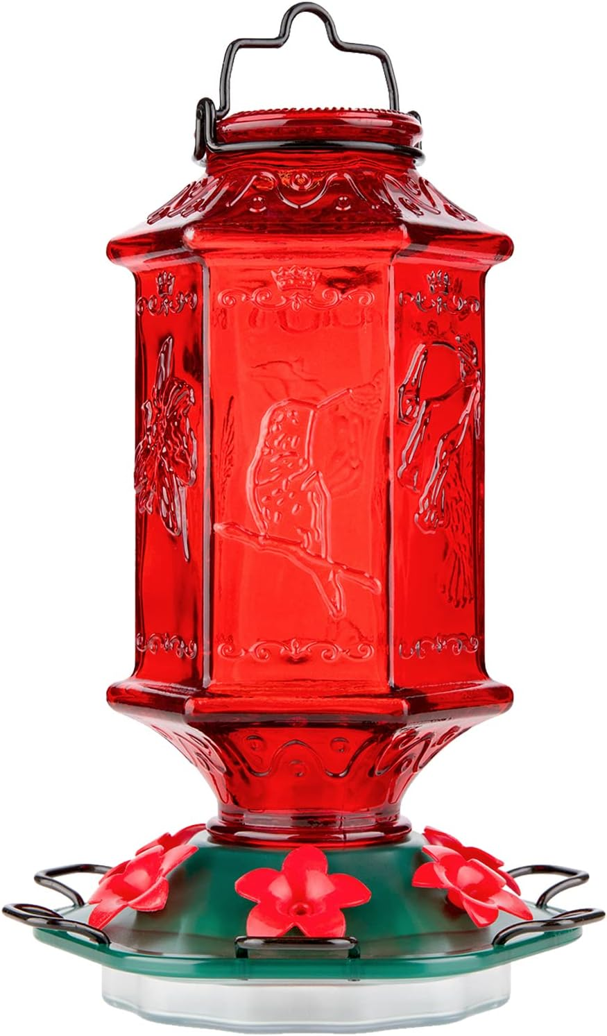 Hummingbird Feeder for Outdoors, Lantern Shaped Bottle, 6 Simulation Flowers Feeding Ports, 26 Fl.Oz, Hanging for Garden Yard, Rust Proof, Red(Ant Moat Included)