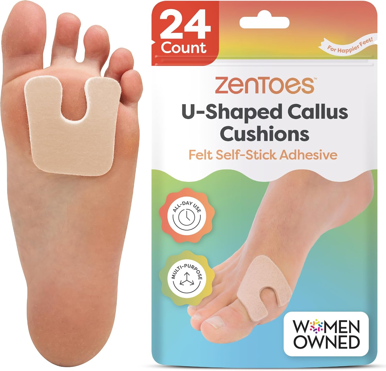 U-Shaped Felt Callus Pads | Protect Calluses from Rubbing on Shoes | Reduce Foot and Heel Pain | Pack of 24 | 1/8” Self-Stick Pedi Cushions