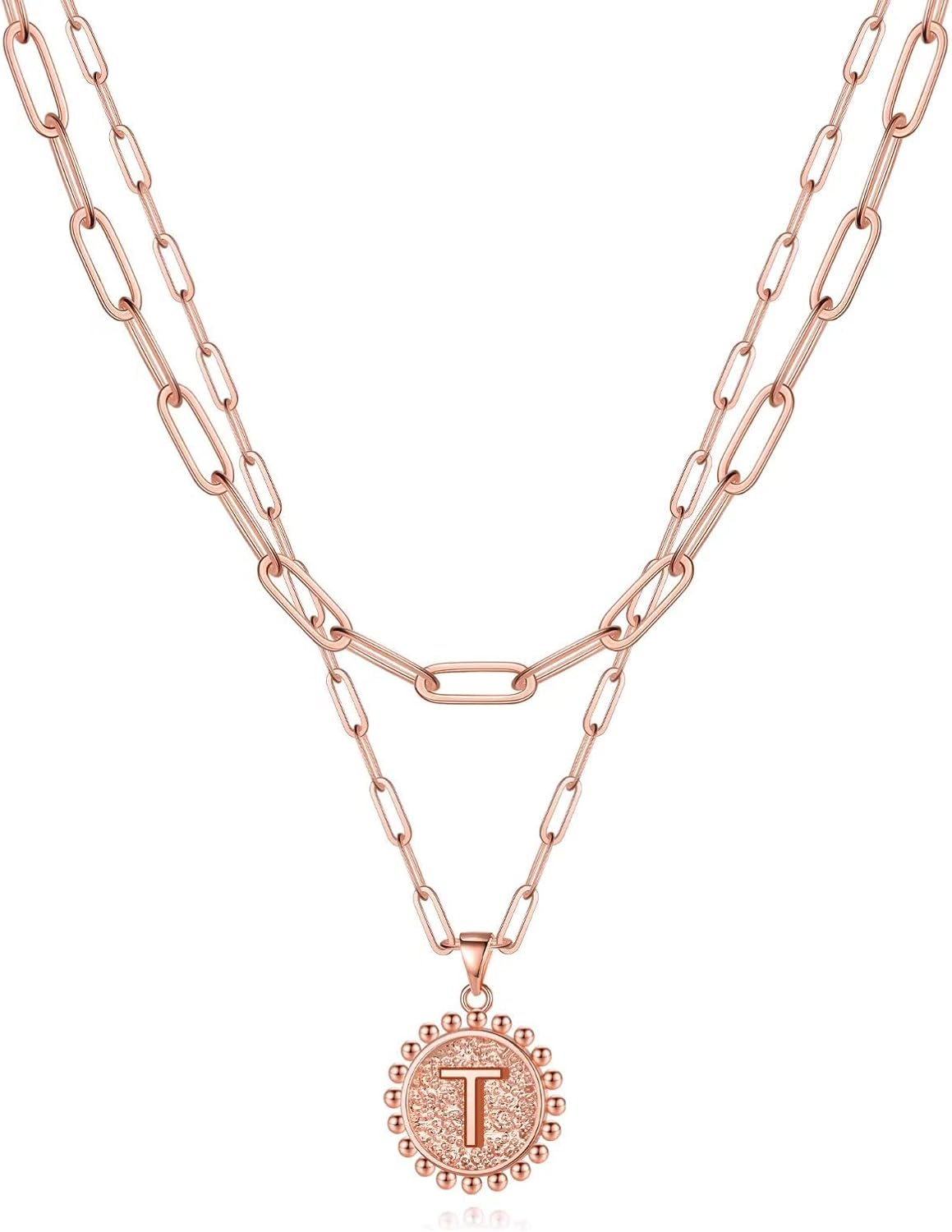 Gold Initial Necklaces for Women, 14K Gold Plated Dainty Layering Paperclip Link Chain Necklace Personalized Coin Initial Layered Gold Necklaces for Women