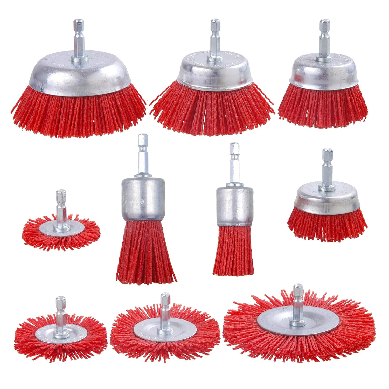 10 Pack Nylon Filament Abrasive Wire Brush Wheel & Cup Brush Set with 1/4 Inch Hex Shank, for Removal of Rust/Corrosion/Paint