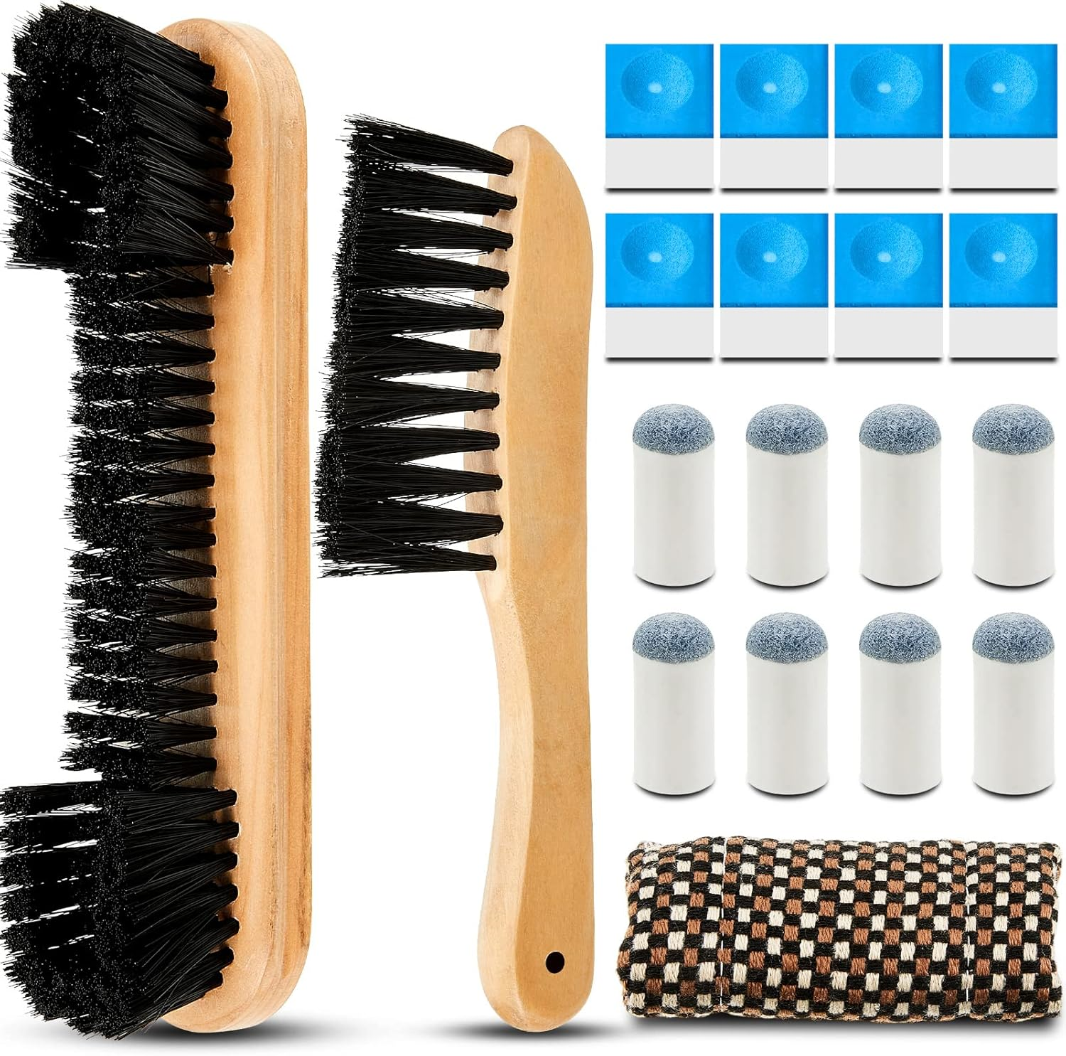 19 Pcs Billiards Pool Table Rail Brush Cleaning Kit Pool Table Brush Set with Cue Chalk Cubes Cloth Slip on Cue Tip for Wooden Kit of Billiard Accessories