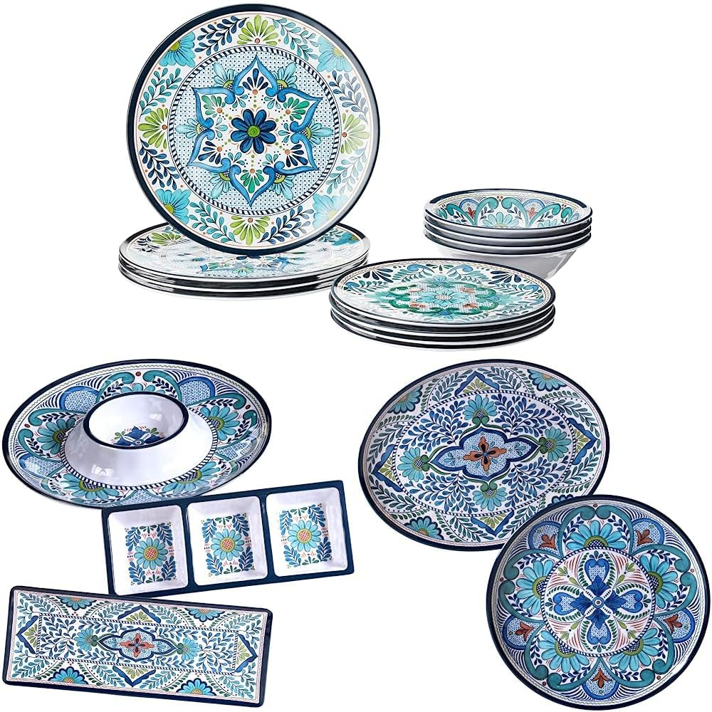 Talavera Melamine 12-Piece Dinnerware & 5-Piece Serving Set, Colorful Design