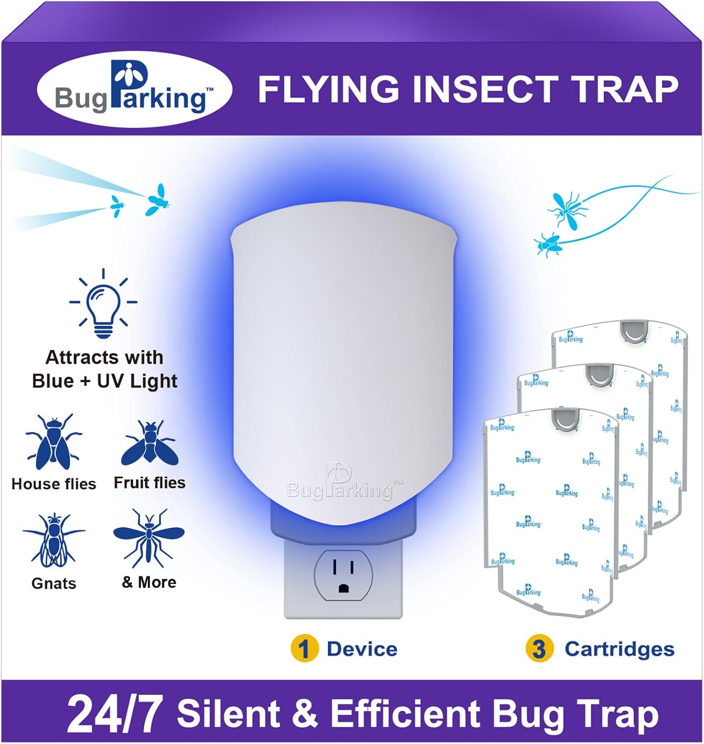 Flying Insect Trap for Indoors: Light Trap Captures Fruit Flies, Gnats, and Houseflies, BUG PARKING 1 Device and 3 Refills Silent Bug Catcher with UV Light for Indoor-Plants, Kitchen