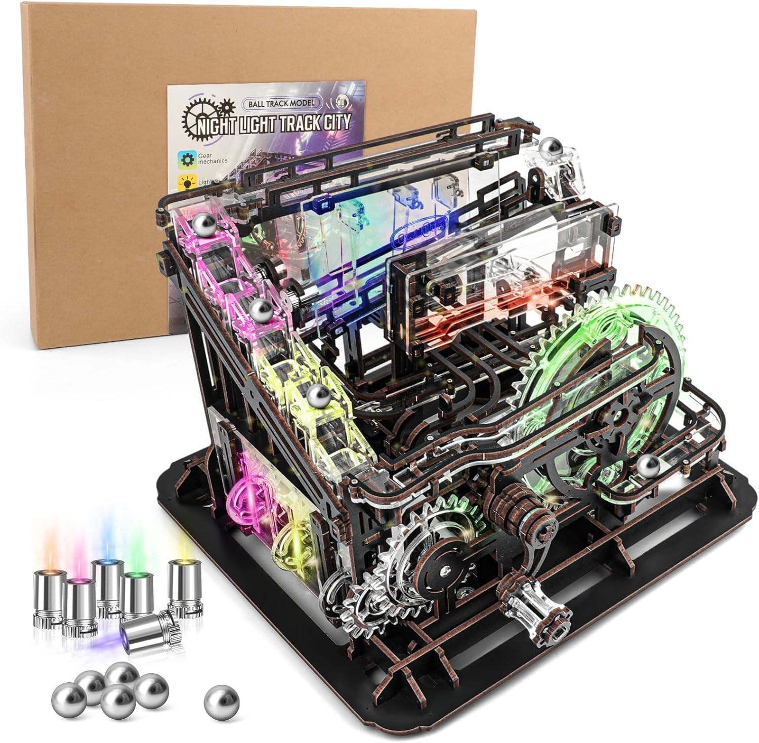 3D Wooden Puzzle Marble Run with LED Lights, Wooden Model Building Kits for Adults, Wood Mechanical Puzzle Building Set, Office Desk Decor Gift for Men Adults (312 PCS)