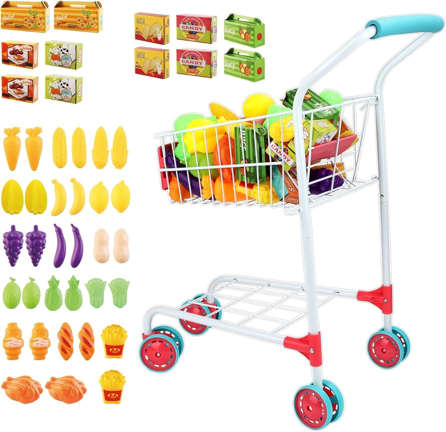 Kids Shopping Cart Trolley with Sturdy Metal Frame for Toddlers 46 PCS  Fruit Ve