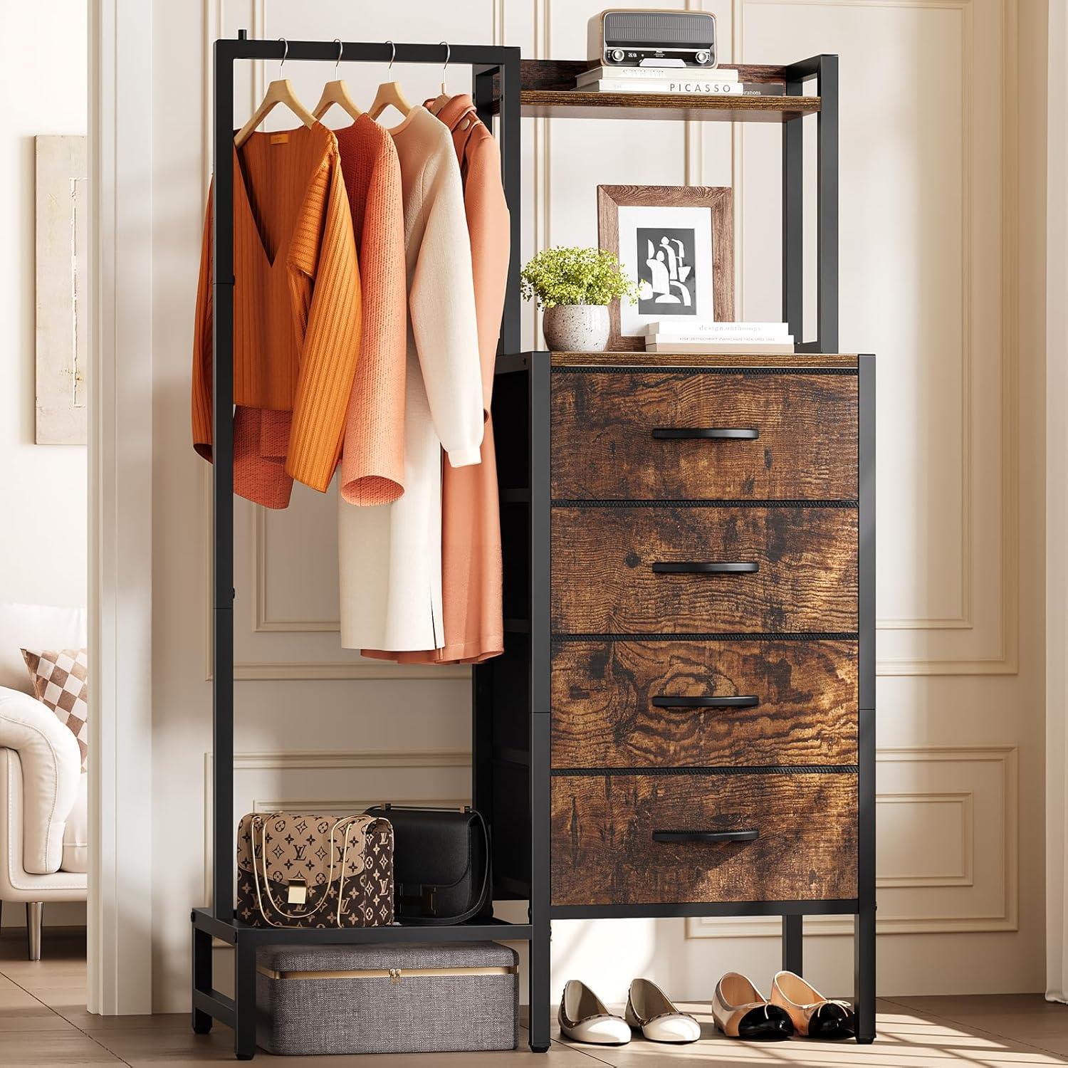 Dresser with Hanging Rack - Small Closet with 4 Fabric Storage Drawers,  44"H Dre | eBay