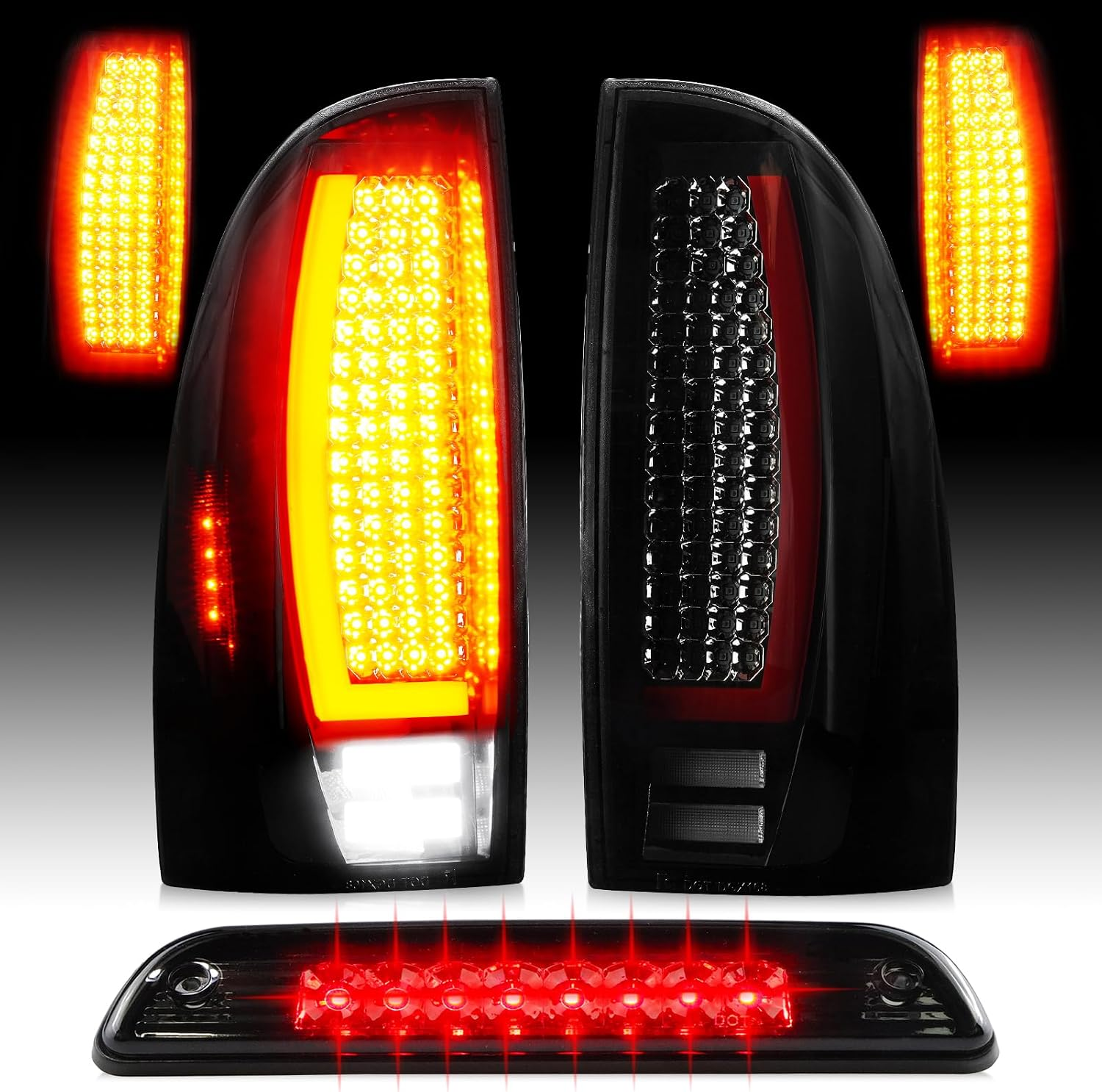 LED Tail Light Assembly + 3Rd Third Brake Cargo Lamp Fit for Toyota Tacoma 2005-2015, Rear Taillight and High Mount Stop Light Chrome Housing Smoked Lens, 3 Pcs