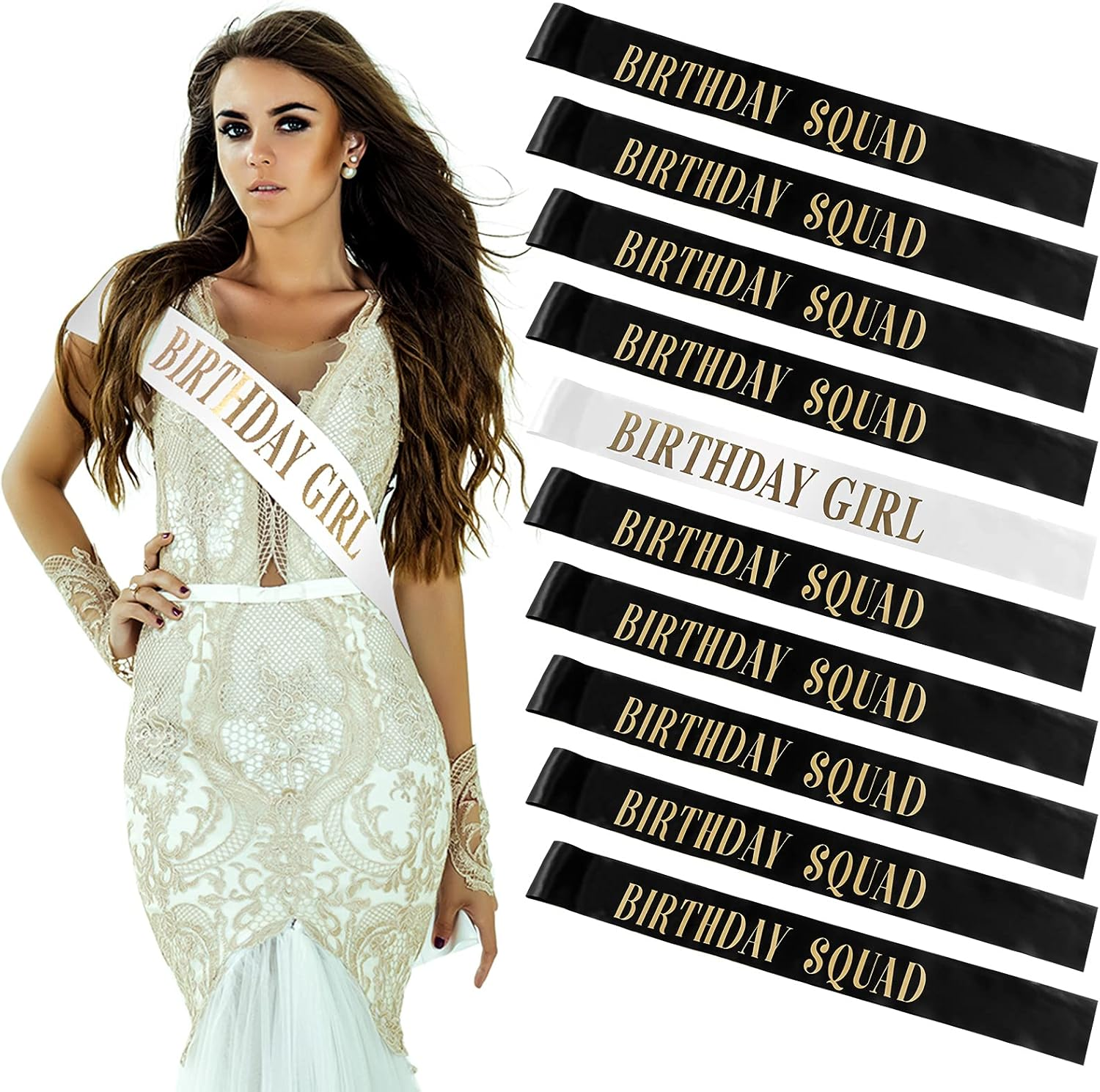Weewooday 10 Pieces Birthday Gift Sash Set Black and Gold Birthday Squad Sash White and Gold Birthday Girl Sash for Women Funny Party Decorations for Sweet 16 18Th 21St 25Th 30Th 40Th 50Th and More