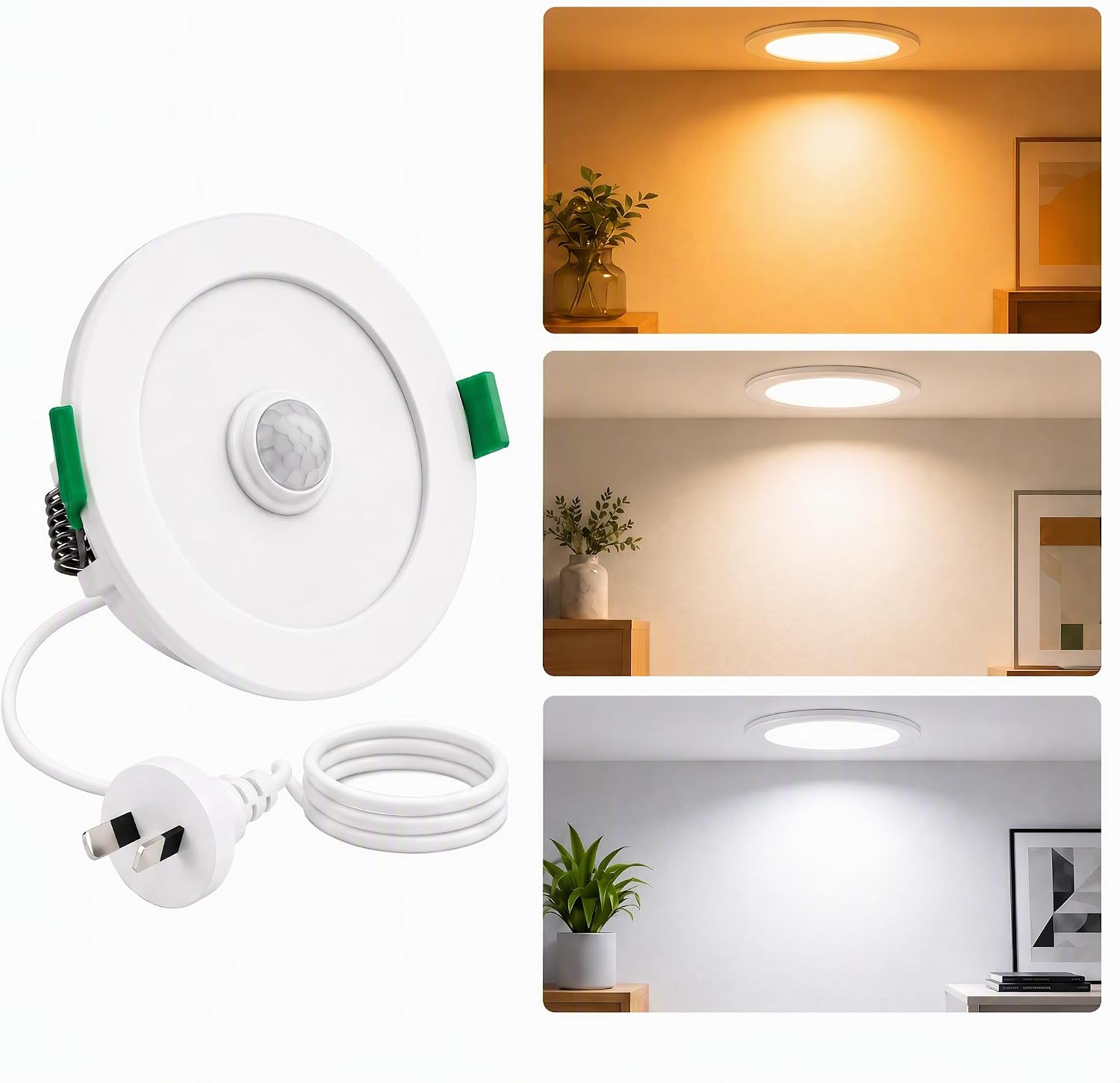 PIR Motion Sensor LED Downlight, 90Mm Cut Out Recessed Ceiling Light with AU Plug, 3CCT Selectable 3000K/4000K/6000K, 120° Detection Angle, 5M Sensing Range, Indoor Ceiling down Light