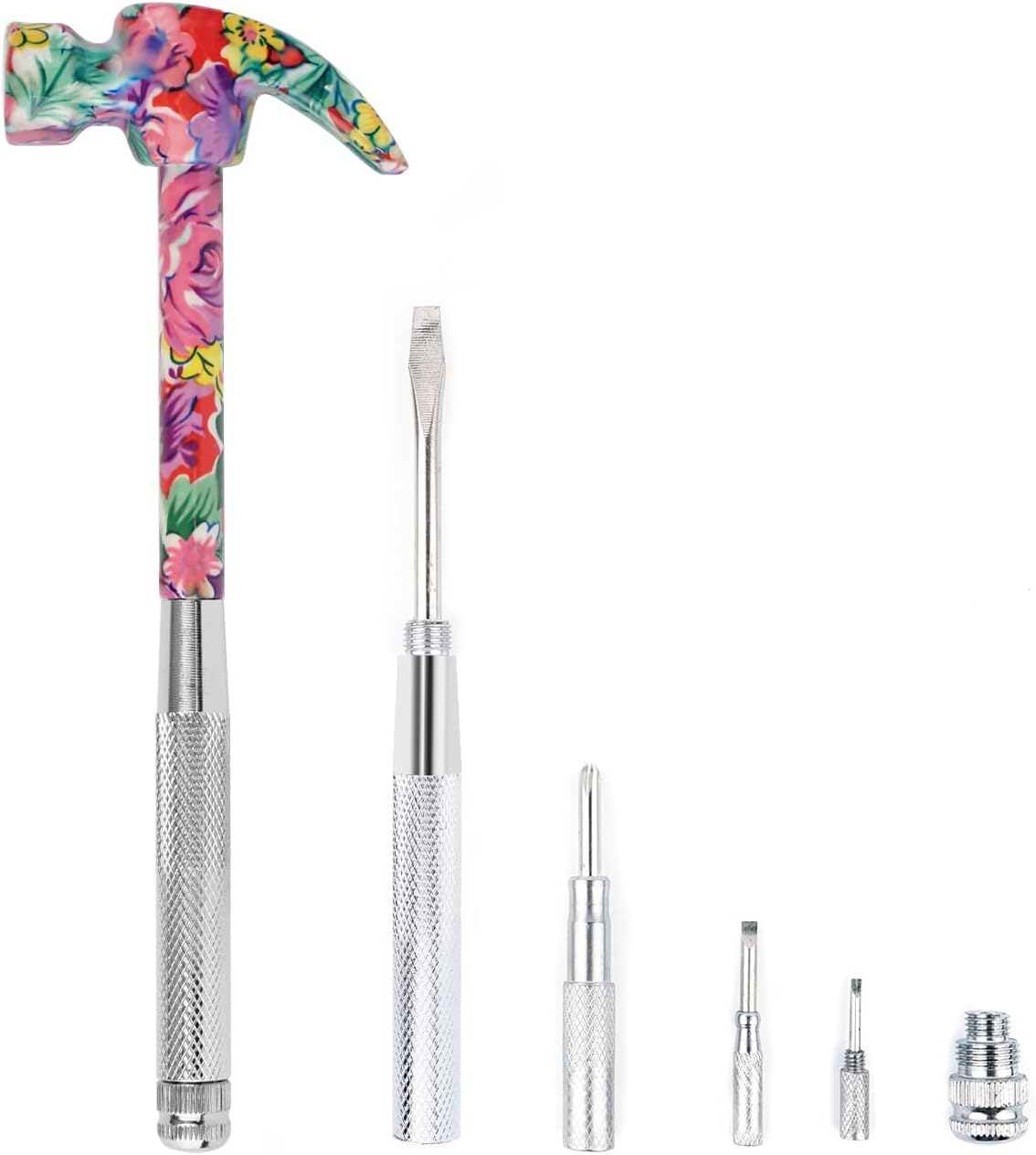 6 in 1 Hammer & Screwdriver Tool Multitool Set Claw Hammer with Anti-Slip Grip Handle Slotted/Flat Head Phillips Screwdriver Nail Puller Best Gift for Family Friends Colleagues (Pink)