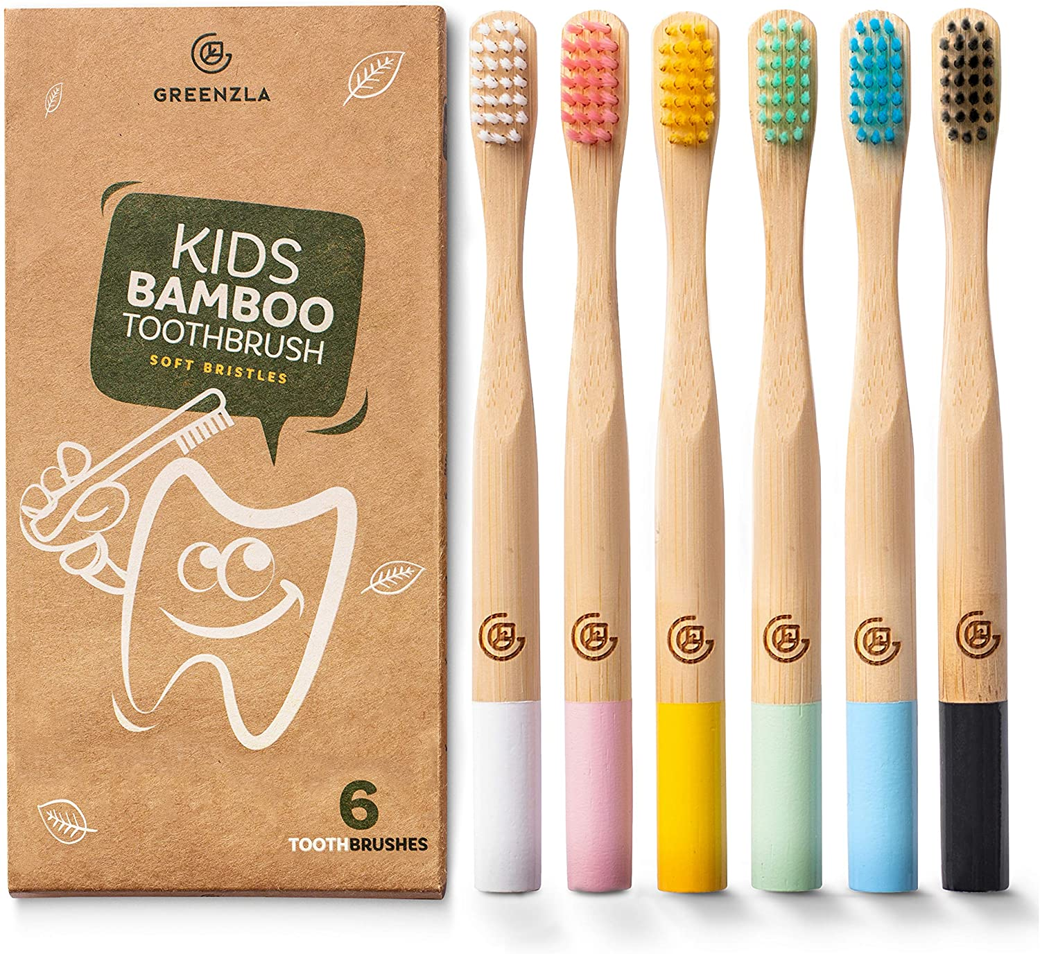 Greenzla Kids Bamboo Toothbrushes (6 Pack) | BPA Free Soft Bristles Toothbrushes