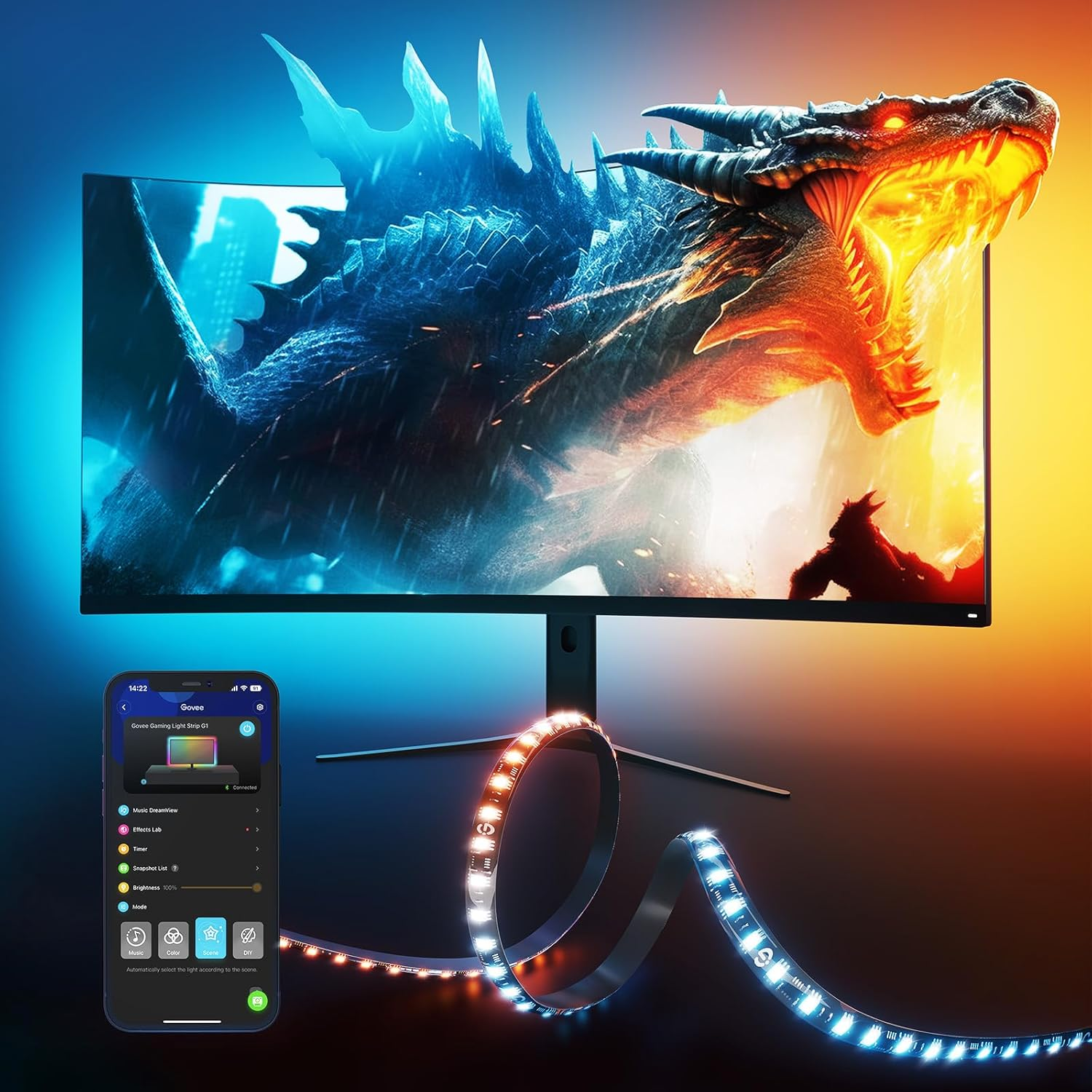 Govee Gaming Light for Monitor G1, RGBIC LED Backlight for 27-34 Inch PC, Smart LED Lights for Monitors with Color Matching, Adapts to Curved Monitors, Double Strip Light Beads with 123 Scene Modes