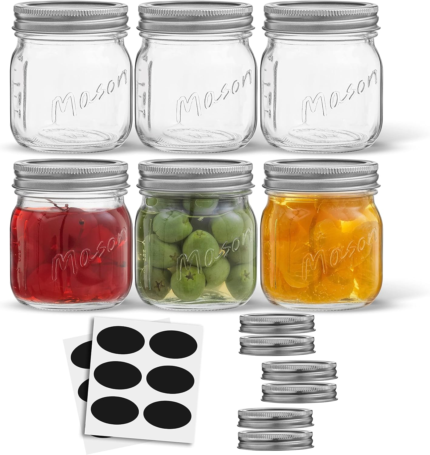 Joyjolt 8 Oz Mason Jars with Lids, Labels and Measures! 6-Pack Regular Mouth Mason Jars, Glass Jar with Lid and Band. Airtight Canning Jars, Overnight Oats Jars, Salad Jars, Sourdough Starter Jar