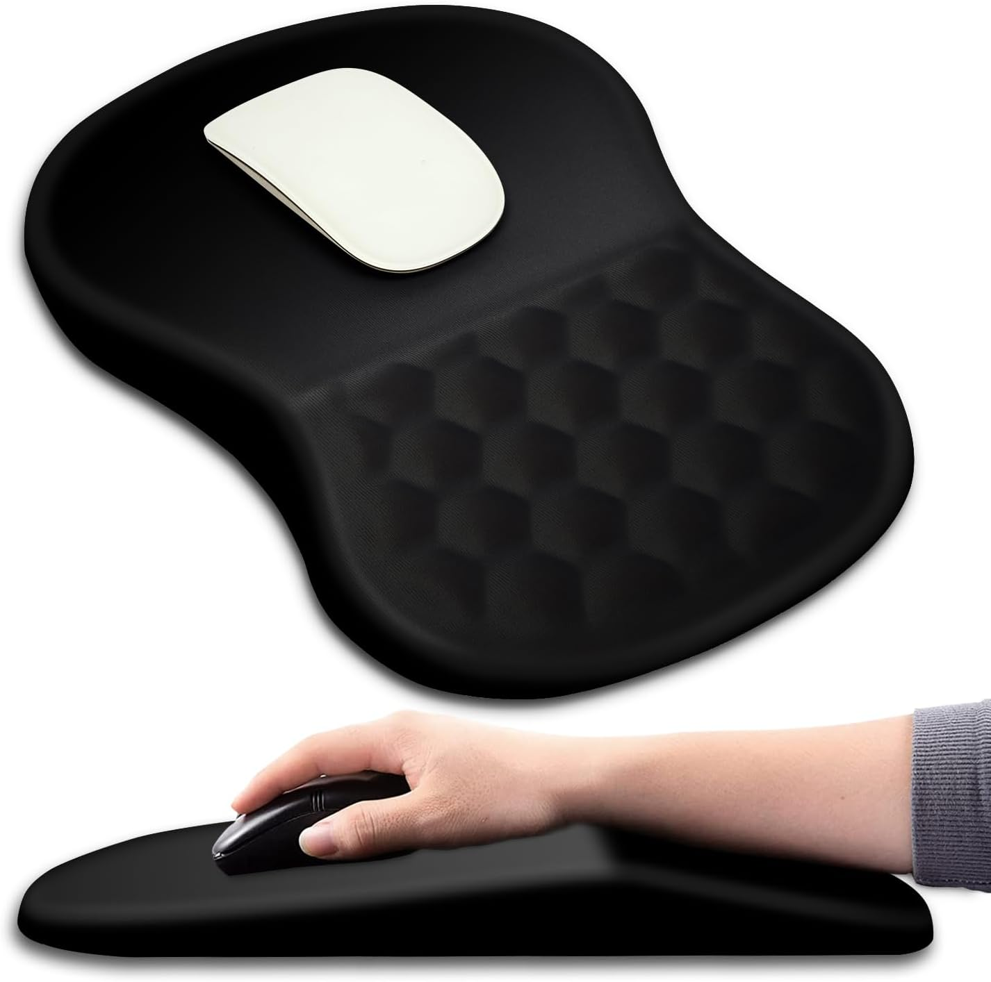 Ergonomic Mouse Pad Wrist Support with Massage Design, Wrist Rest Pain Relief Mousepad with Memory Foam&Non-Slip PU Base, Mouse Pads for Wireless Mouse & Desk (12X8 Inch,Black)