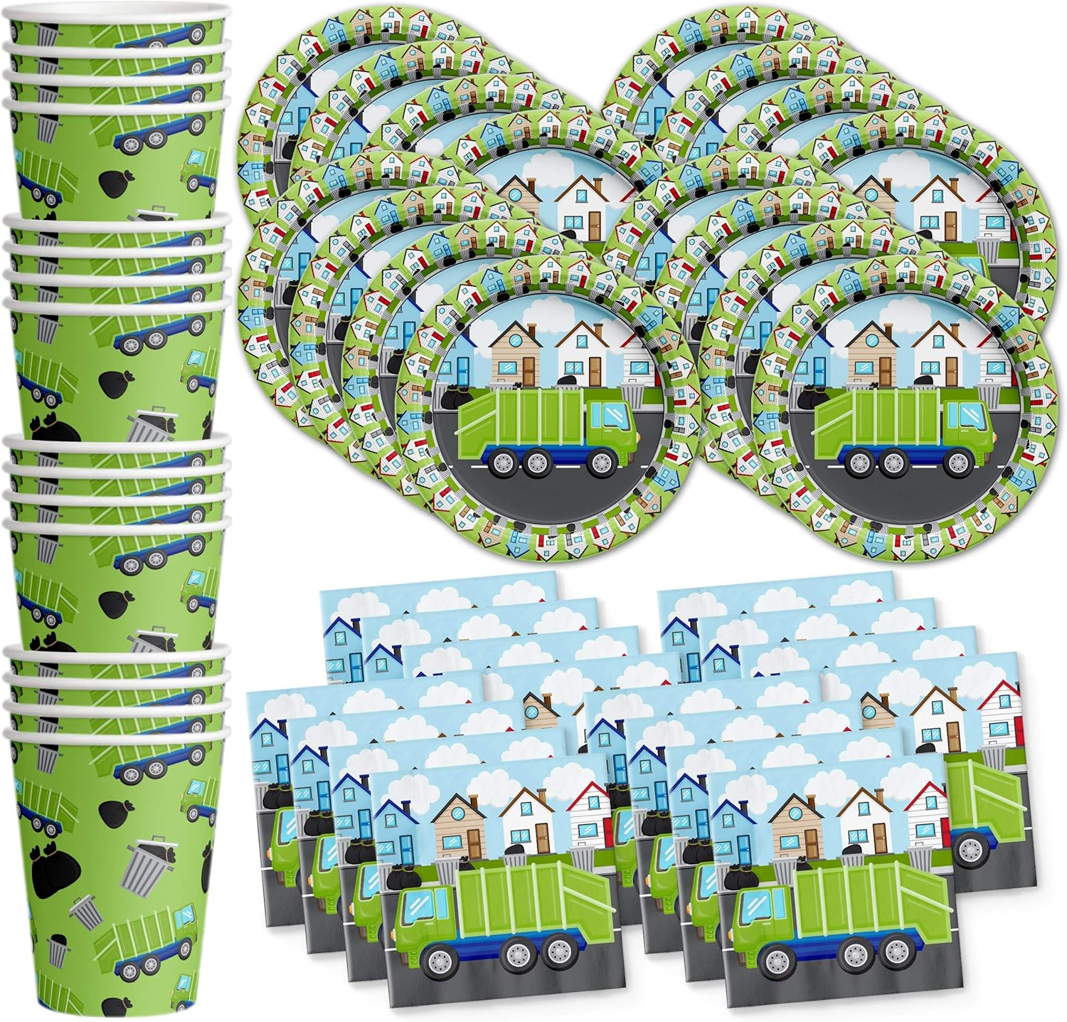 Garbage Trash Truck Birthday Party Supplies - Big Truck Birthday Party Supplies Set Includes Plates, Napkins, and Cups | Kit for 16