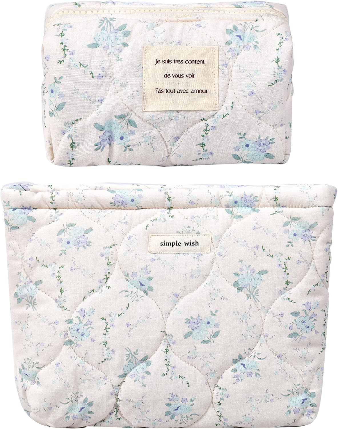 2 Pieces Floral Makeup Bag, Cute Travel Quilted Pouch Cosmetic Bag Organizer, Small Cotton Coquette Aesthetic Purse Toiletry Bag for Women Girls Accessories (2Pcs-Blue Floral)