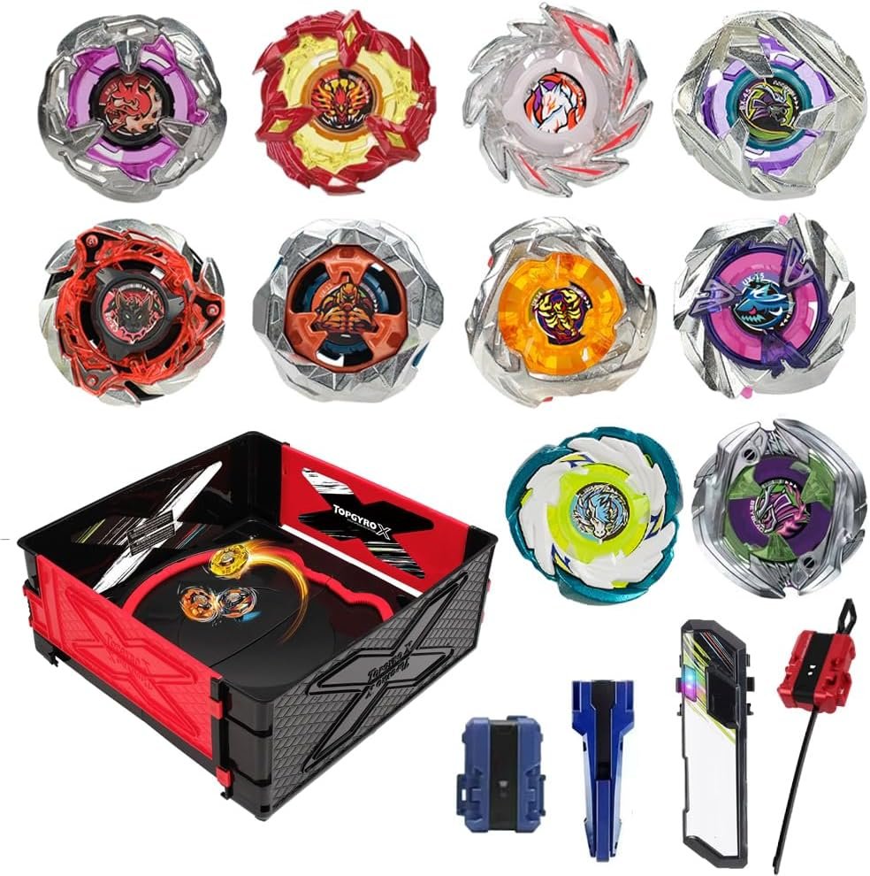 Gyro X Battling Set, 10 Spinning Tops, 2 Launchers with Storage Box, Kids Toys Birthday Gift Ideal for 6+ Years Old Boys Kids (B-12)
