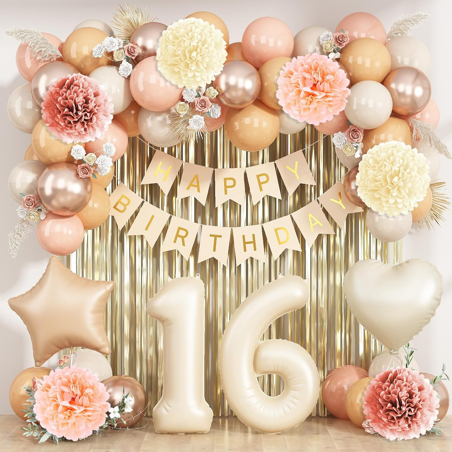 Beige 16Th Birthday Decorations Girls Boys Cream Number 16 Balloon Nude Gold Happy Birthday Banner Fringe Curtain Paper Pom Poms Blush White Sand Champagne Star Foil Balloons Neutral Boho Party Decor