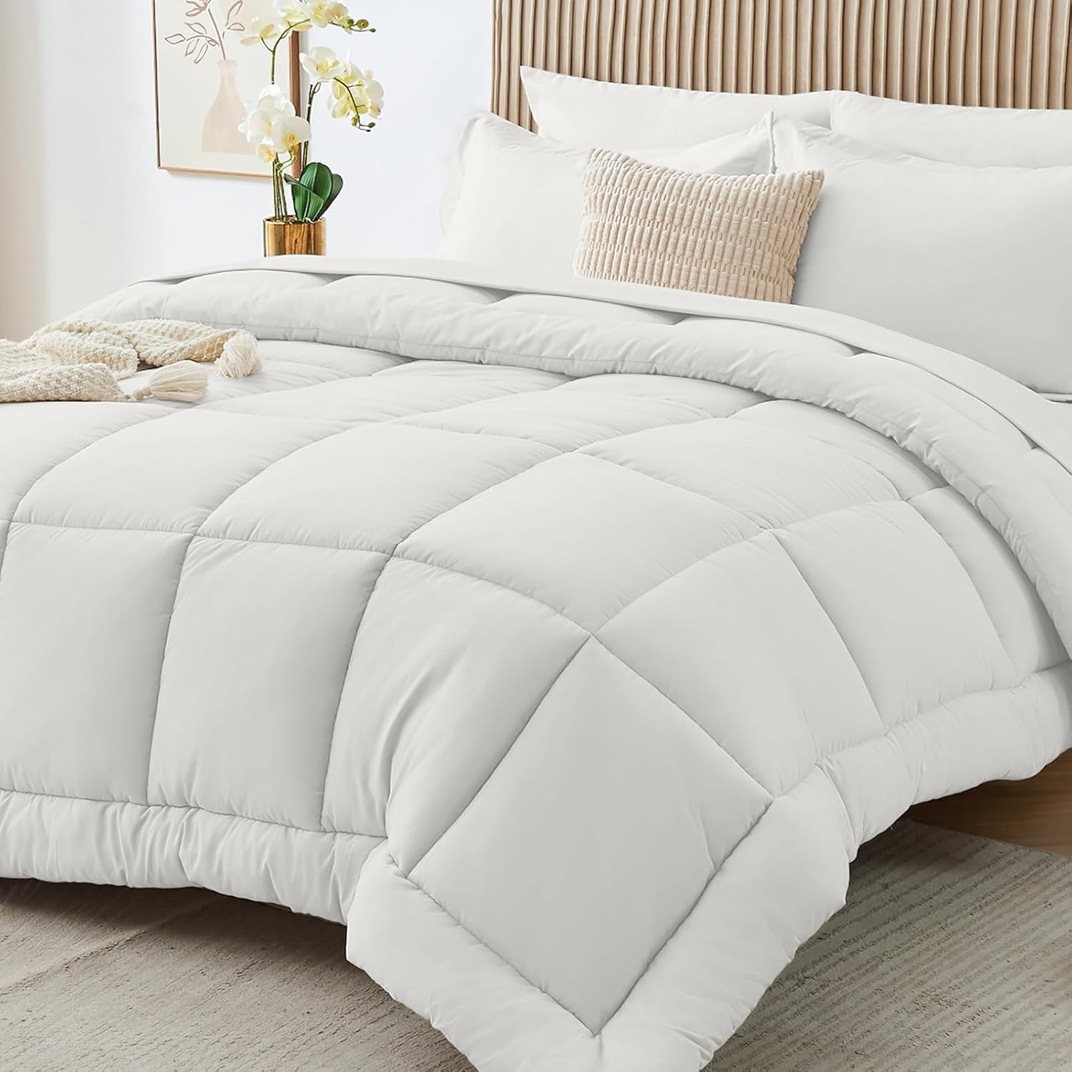 Sasttie Queen Comforter Set, 7 Pieces Bed in a Bag Queen, Complete Bedding Set Includes Comforter, Flat Sheet, Fitted Sheet, Pillowcases and Pillow Shams, Ivory