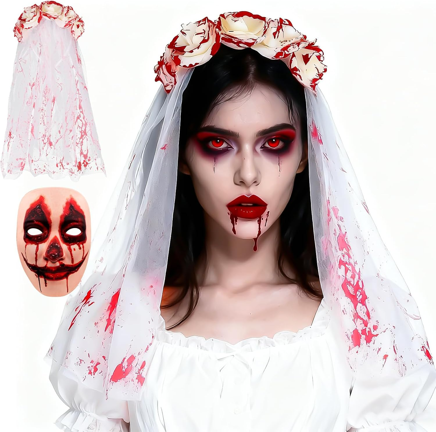 Halloween Blutiger Schleier Braut Mit Blutiger Maske Und Haarnadel, Horror Halloween Ghost Schleier Braut Kostüm Zubehör Für Karneval Und Gruselfeiern