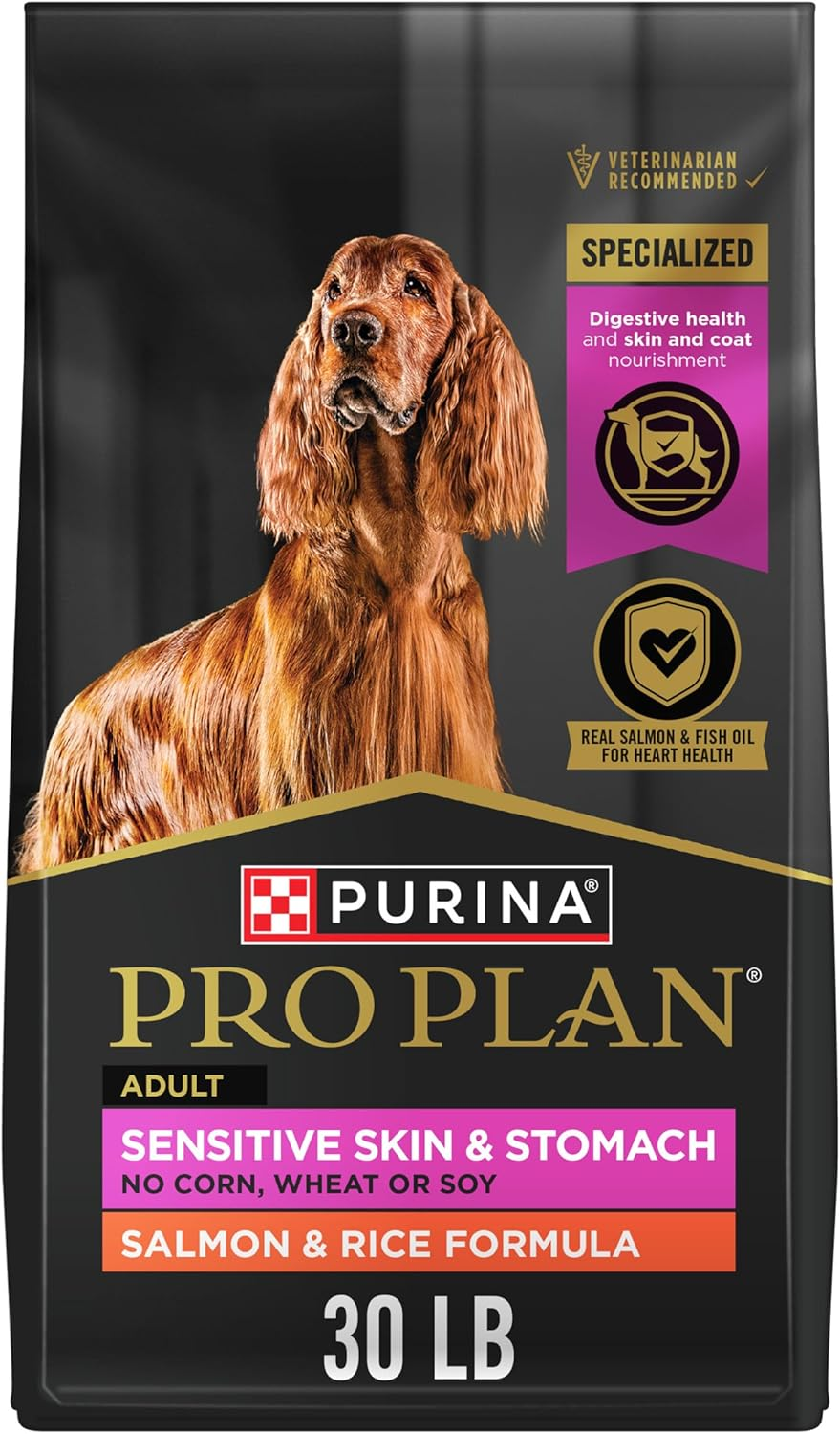 Purina Pro Plan Sensitive Skin and Stomach Dog Food Dry, Adult Salmon & Rice Formula, Digestive Health - 30 Lb. Bag
