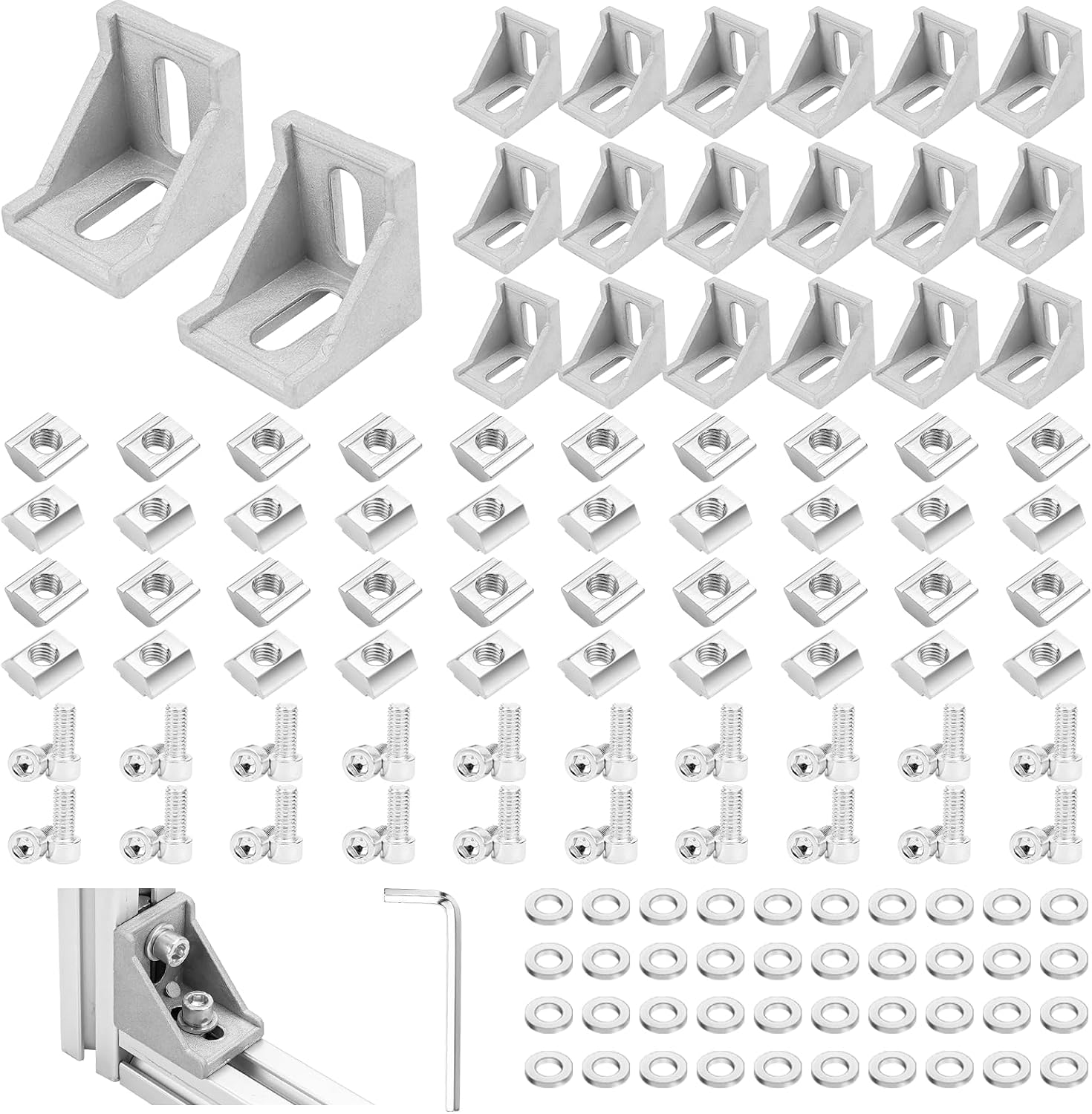 20 Set 4040 Series Aluminum Extrusion Profile Connector,Includes 20*Silver 3540 Corner Bracket,M8 T-Slot Sliding Nuts and Hex Screw Bolt for 40S Aluminum Rail Accessories,140 Pieces by
