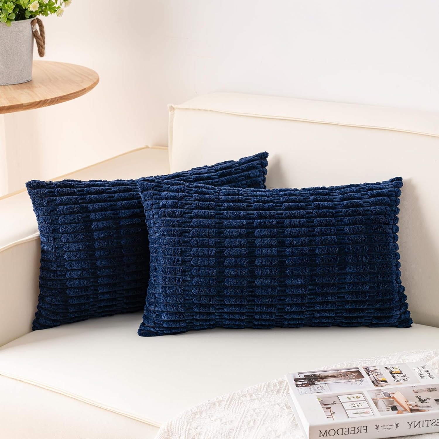 Pack of 2 Corduroy Decorative Throw Pillow Covers 12x20 InchSoft Boho Striped Pillow Covers Modern Farmhouse Home Decor for Sofa Living Room Couch Bed(Blue)