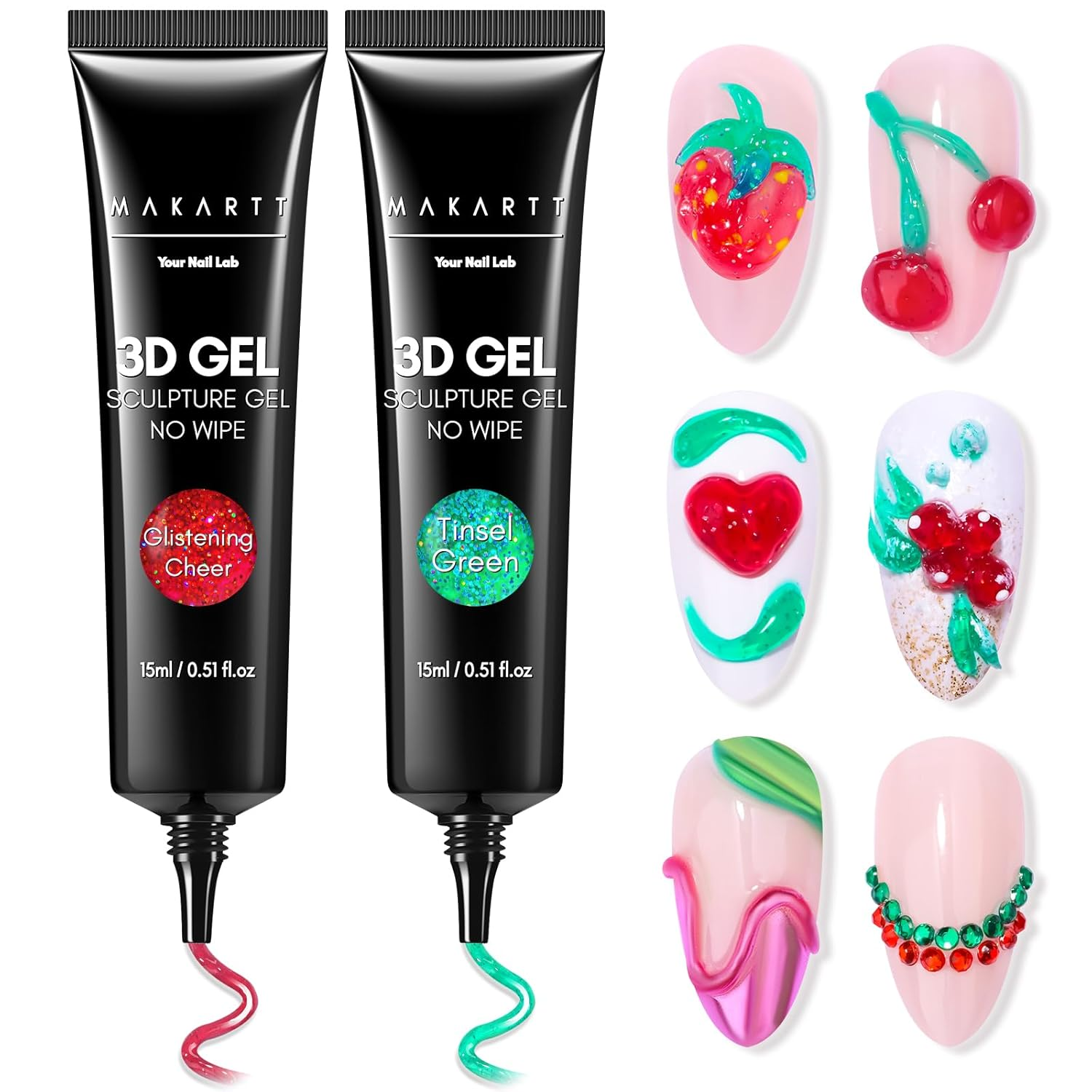 3D Sculpting Gel for Nail Art Kit: 3D Nail Gel for Nail Art, 15Ml No Wipe Polish for Molding Drawing, Embossed Gels for Nail DIY Manicure - Glistening Cheer & Tinsel Green (2PCS)