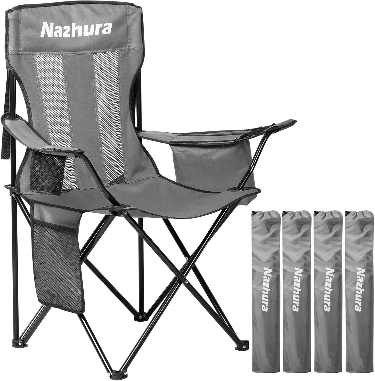 Nazhura 4 Pack Outdoor Camping Chairs Folding/Foldable/Portable with Cooler Pouch, Mesh Backrest and Cup Holder Pocket(Grey) (Grey, 4 Pack)