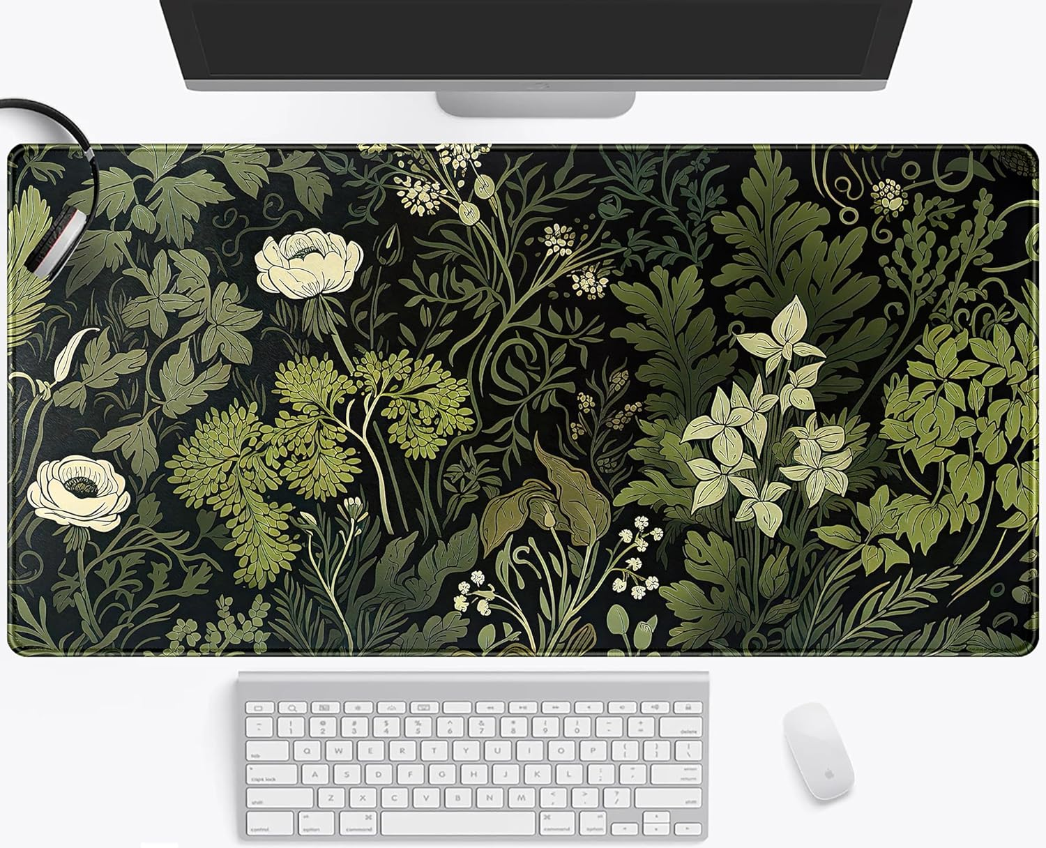 Green Leaves Desk Mat Beige Plants Desk Pad, Large Extend Mouse Pad XXL, Freshness Foliage Keyboard Mat, Black Esthetics Desktop Mat Laptop Wireless Mouse Mat for Desk, Gift for Women 31.5