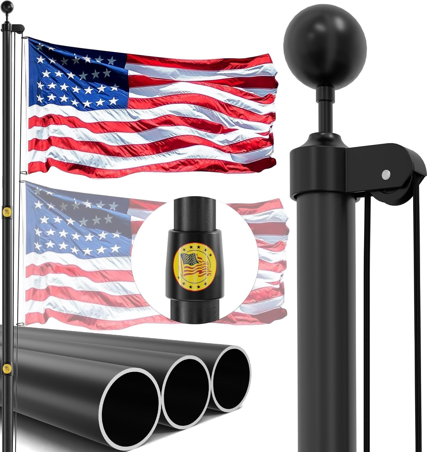 25FT Heavy Duty Flag Pole Kit, High Hardness Aluminum, Patented Reinforced Joint System, Black Residential Flagpole for outside House, All Hardware to Fly Two Flags, Easy to Assemble