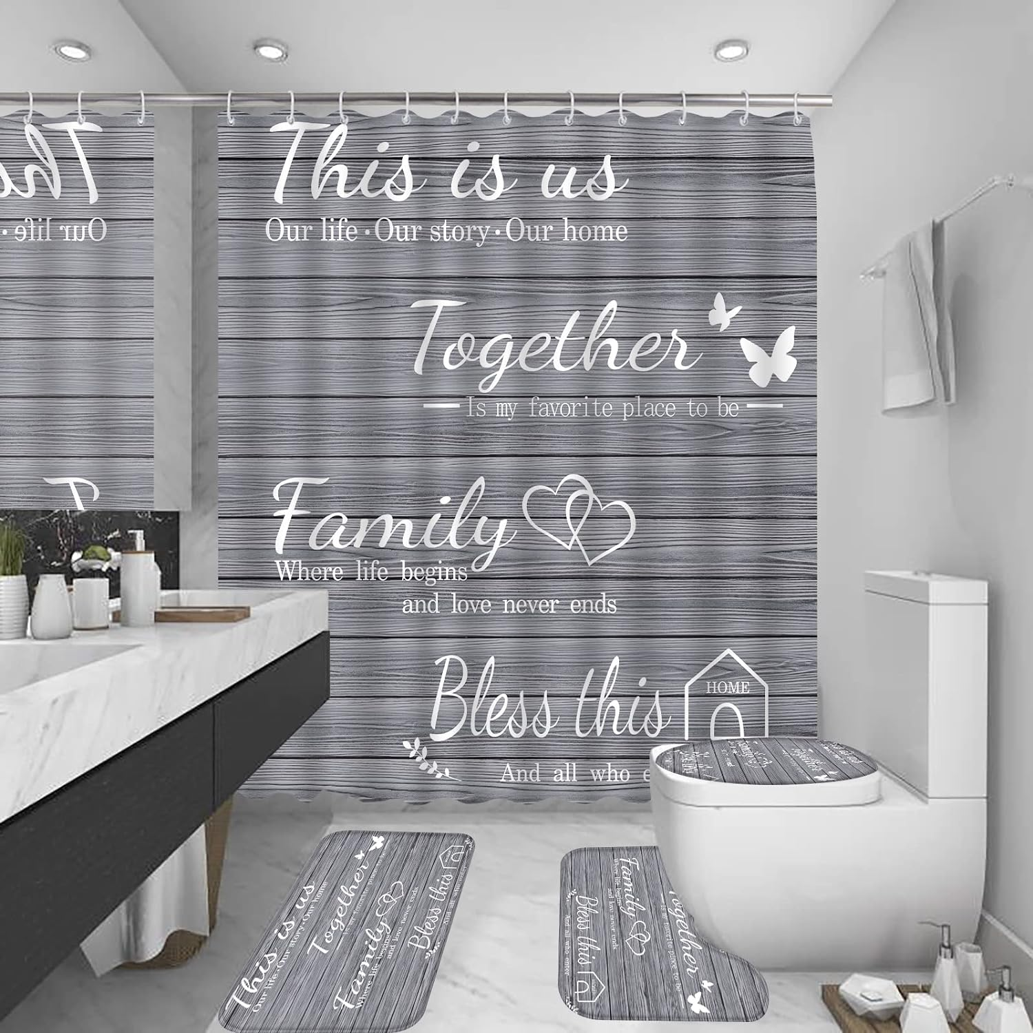 Juwute 4Pcs Family Shower Curtain Sets with Non-Slip Rugs, Toilet Lid Cover and Bath Mat, Grey Home Bathroom Decor Set Accessories Waterproof Shower Curtains with 12 Hooks, 72 X 72 Inch