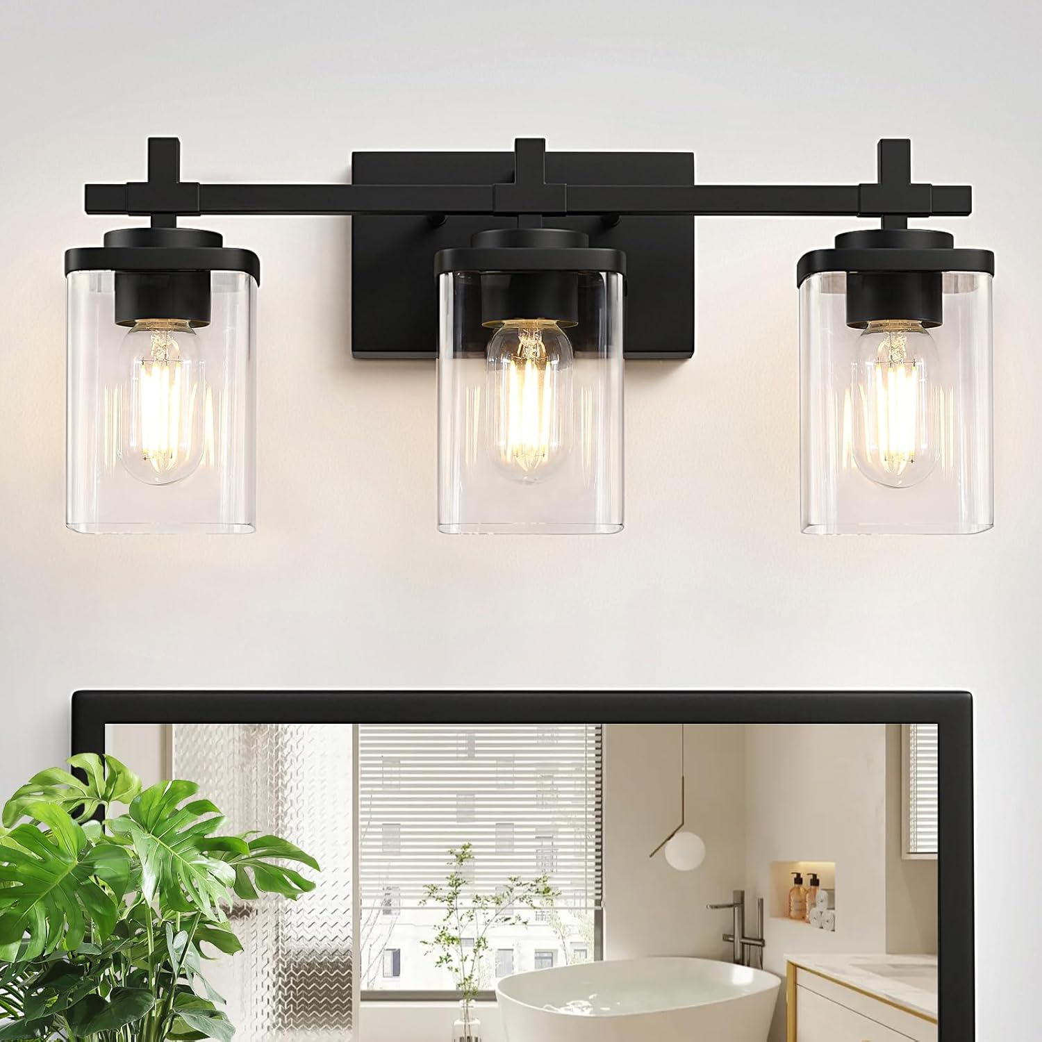 3-Lights Bathroom Vanity Light Fixtures Over Mirror, Modern Black Bathroom Lighting Wall Sconces with Clear Glass Shade, Vanity Lights for Bathroom, Wall Lamp for Mirror Bedroom Hallway