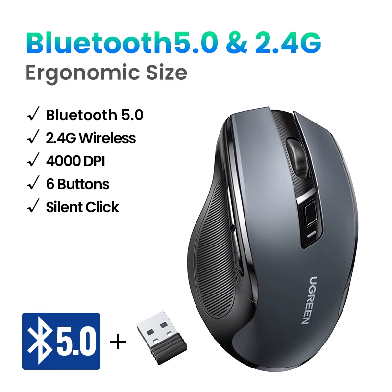 Wireless Mouse Bluetooth5.0 Mouse Ergonomic 4000DPI 6 Mute Buttons Mouse for Macbook Tablet Laptops Computer PC 2.4G Mice