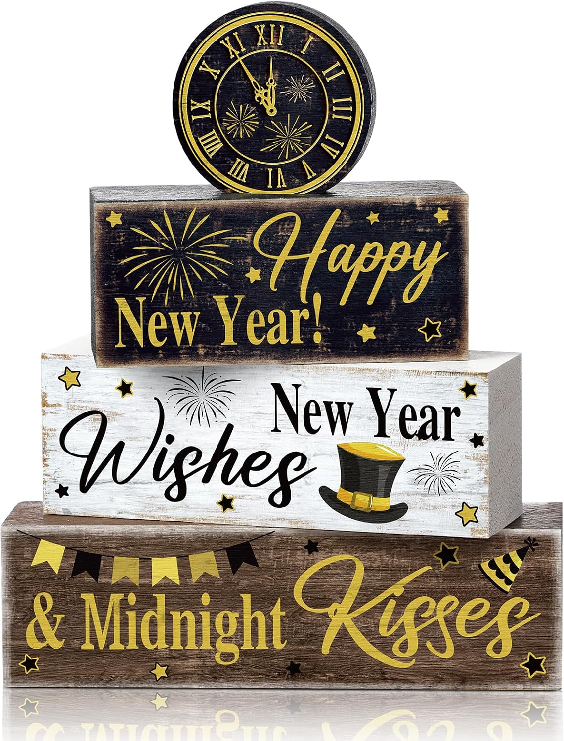 4 Pcs New Year Table Decorations, Happy New Year Wood Block Sign