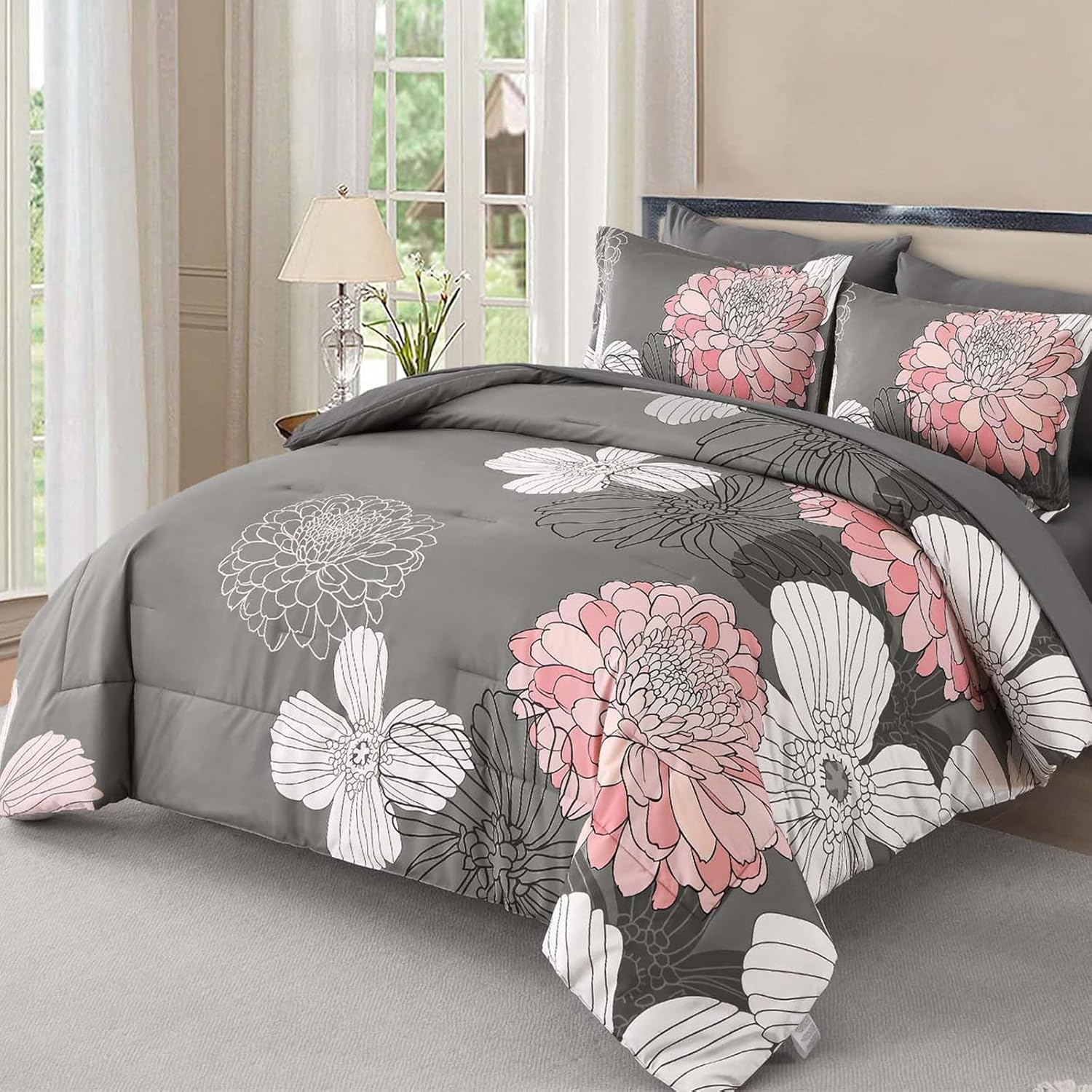 Cal King Flower Boho Comforter Set Gray Pink Bed in a Bag 7 Pieces Floral Bedding Set (1 Comforter 1 Flat Sheet 1 Fitted Sheet 2 Pillowcases 2 Pillow Shams)