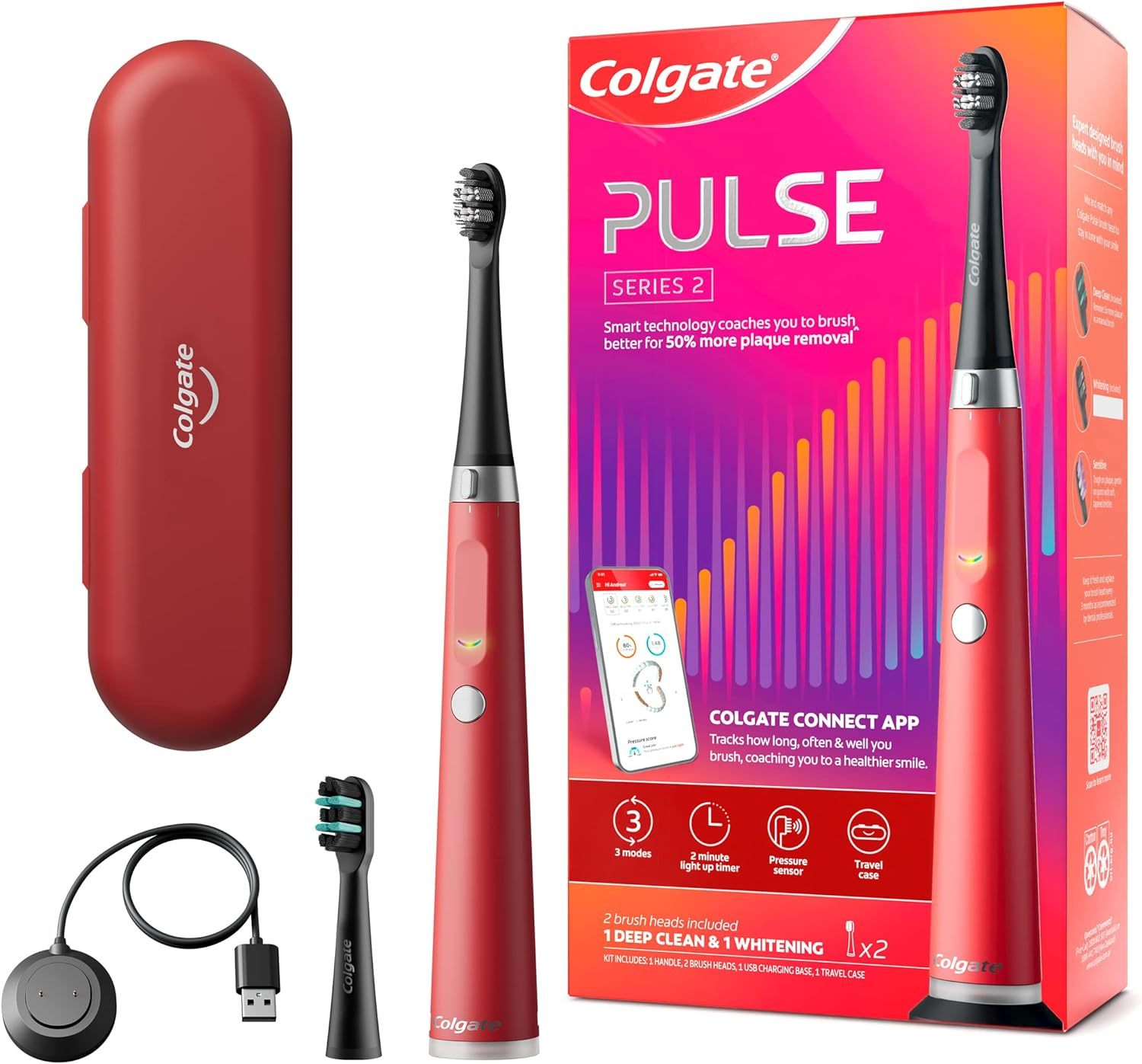 Pulse Connected Series 2 Deep Clean & Whitening Electric Toothbrush, 1 Pack with 2 Refill Heads, Plaque Removal