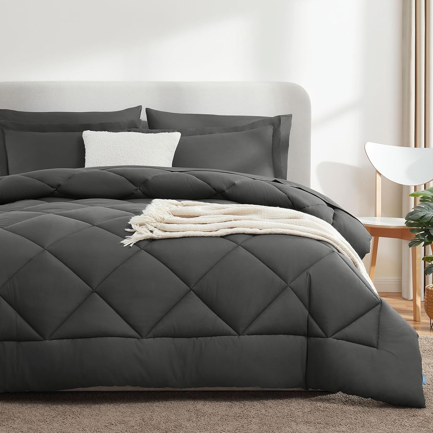 Queen Bed in a Bag 7 Pieces Comforter Set with Comforter and Sheets Dark Grey
