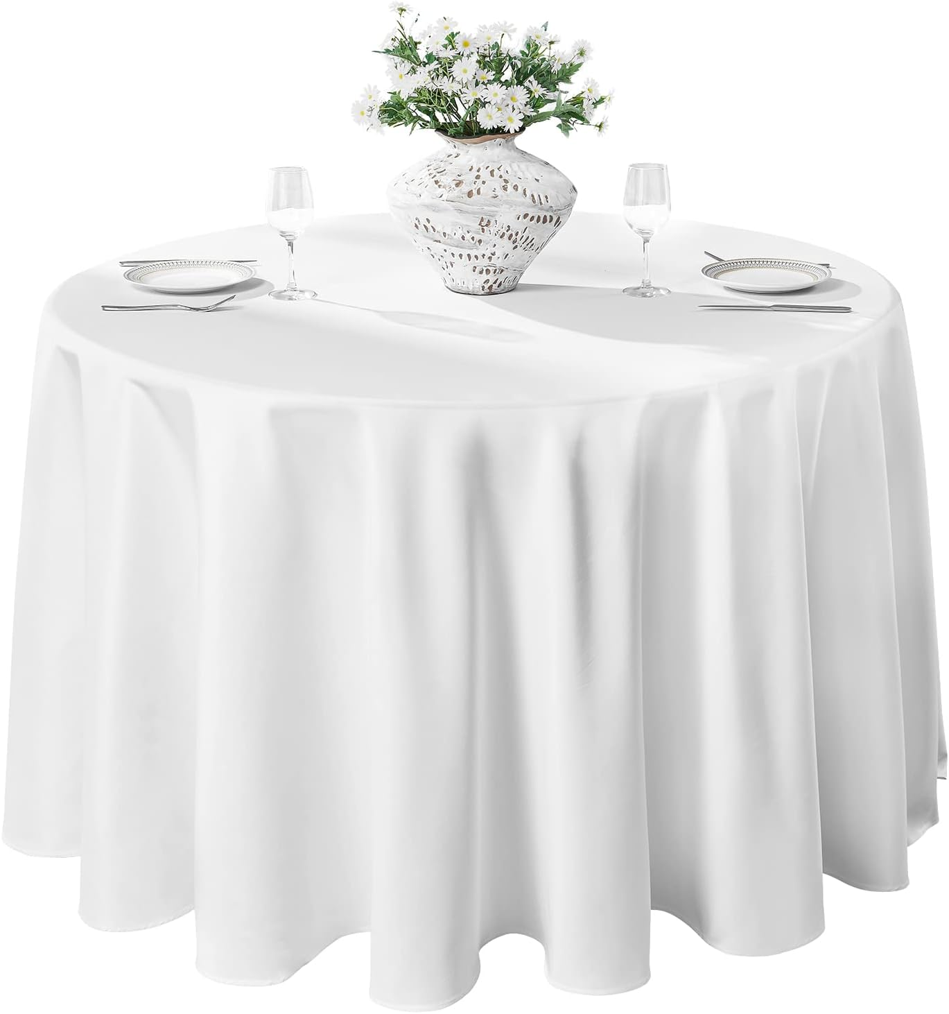 120Inch round Tablecloth Polyester Table Cloth,Stain Resistant and Wrinkle Polyester Dining Table Cover for Kitchen Dinning Party Wedding Rectangular Tabletop Buffet Decoration(White)