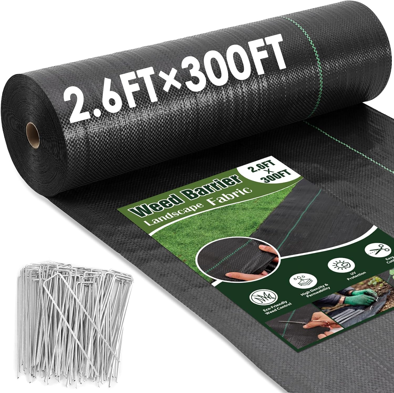 2.6FT X 300FT Weed Barrier Fabric, Garden Cloth Woven Landscape Fabric Heavy Duty with 120 U-Shaped Securing Pegs, Lawn Weed Block Mat Ground Cover for Garden Beds, Farming
