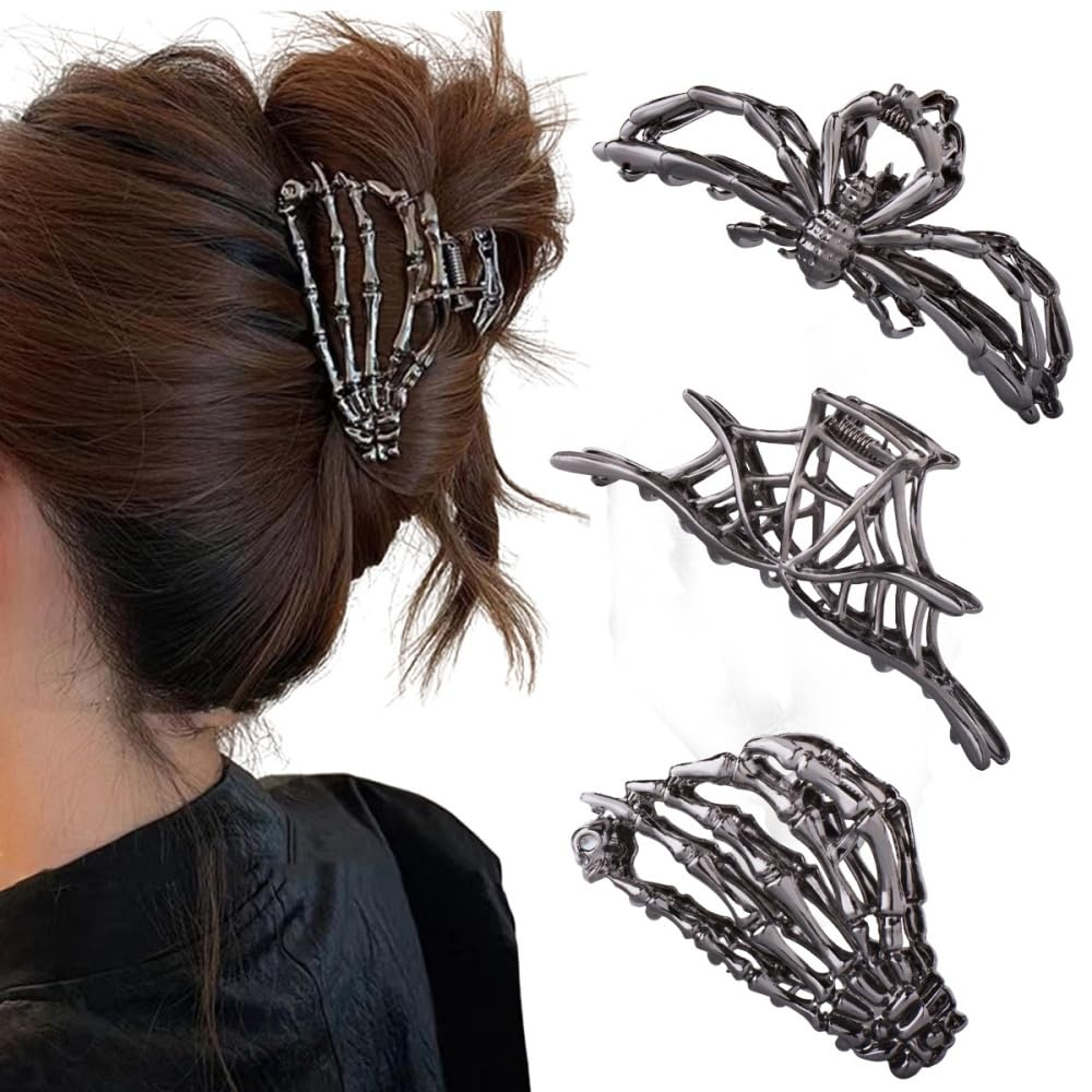 3PCS Skull & Spider Web Hair Claw Clips Black
