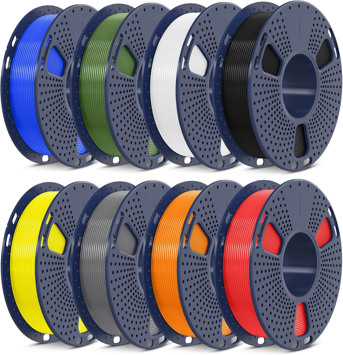 PLA+2.0 3D Printer Filament Bundle, Multicolor PLA+ Filament 1.75Mm, Individually Vacuum Packed, 0.25Kg per Spool, 8 Pack, 2Kg Total, Black+White+Grey+Blue+Red+Yellow+Olive Green+Orange