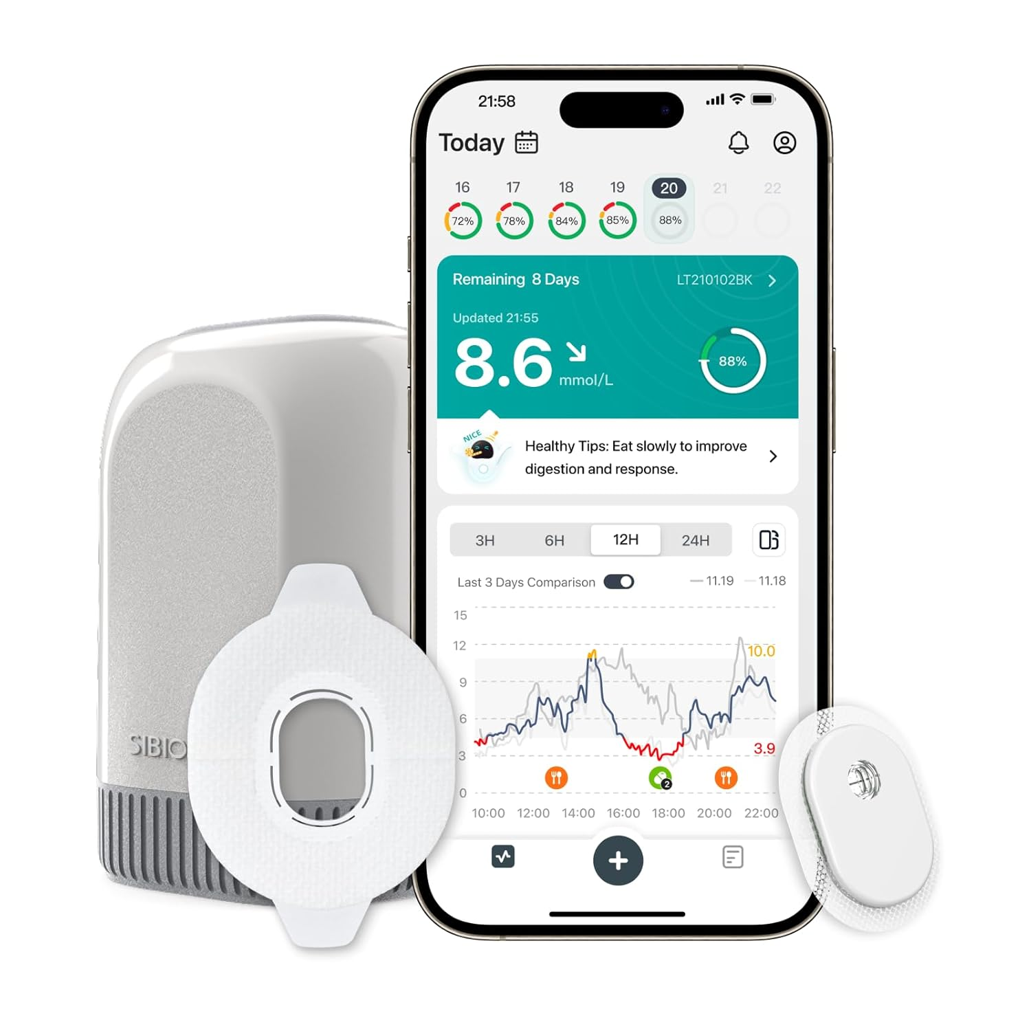 SIBIONICS GS3 Continuous Glucose Monitoring (CGM) with Free Overpatch,14-Day Wearable Sensor with Glucose Alarm & AI Meal Analysis,Real-Time Spike Insights,Nfc Connection,Ios & Android